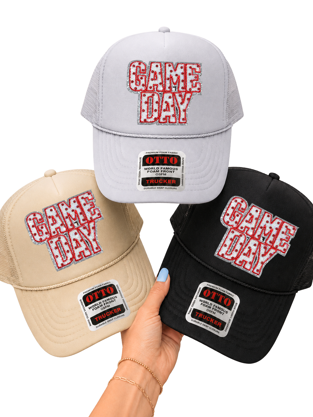 Red Polka Dots Game Day Sequin Patch Otto Trucker Hat