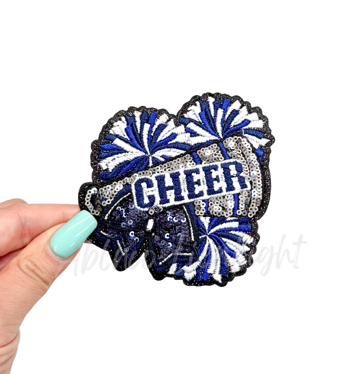 Navy Cheer Bow Megaphone Poms Sequin Patch - Small
