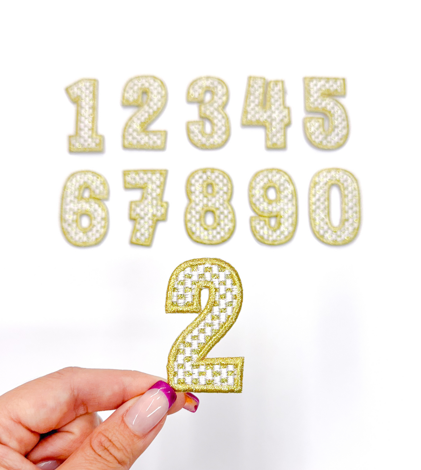 2” Gold Checkered Numbers Glitter Embroidery Patch