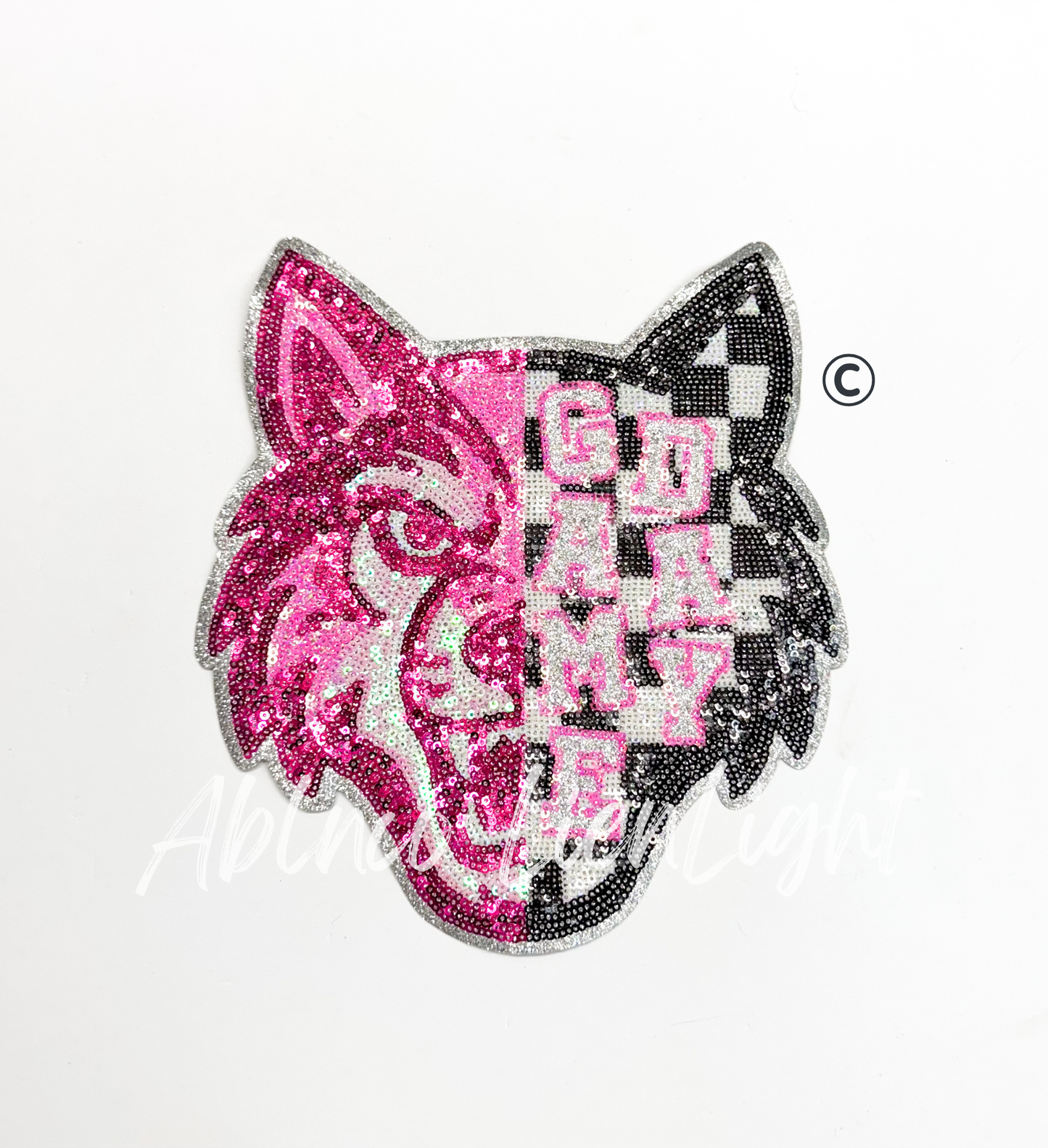 Preppy Pink Checkered Wolf Mascot Game Day Sequin Patch