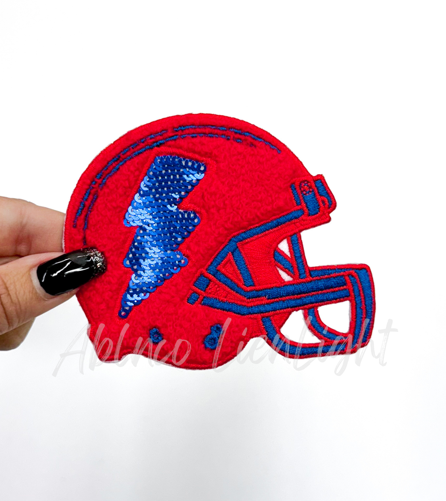 Red & Royal Blue Football Helmet Chenille Sequin Embroidery Patch