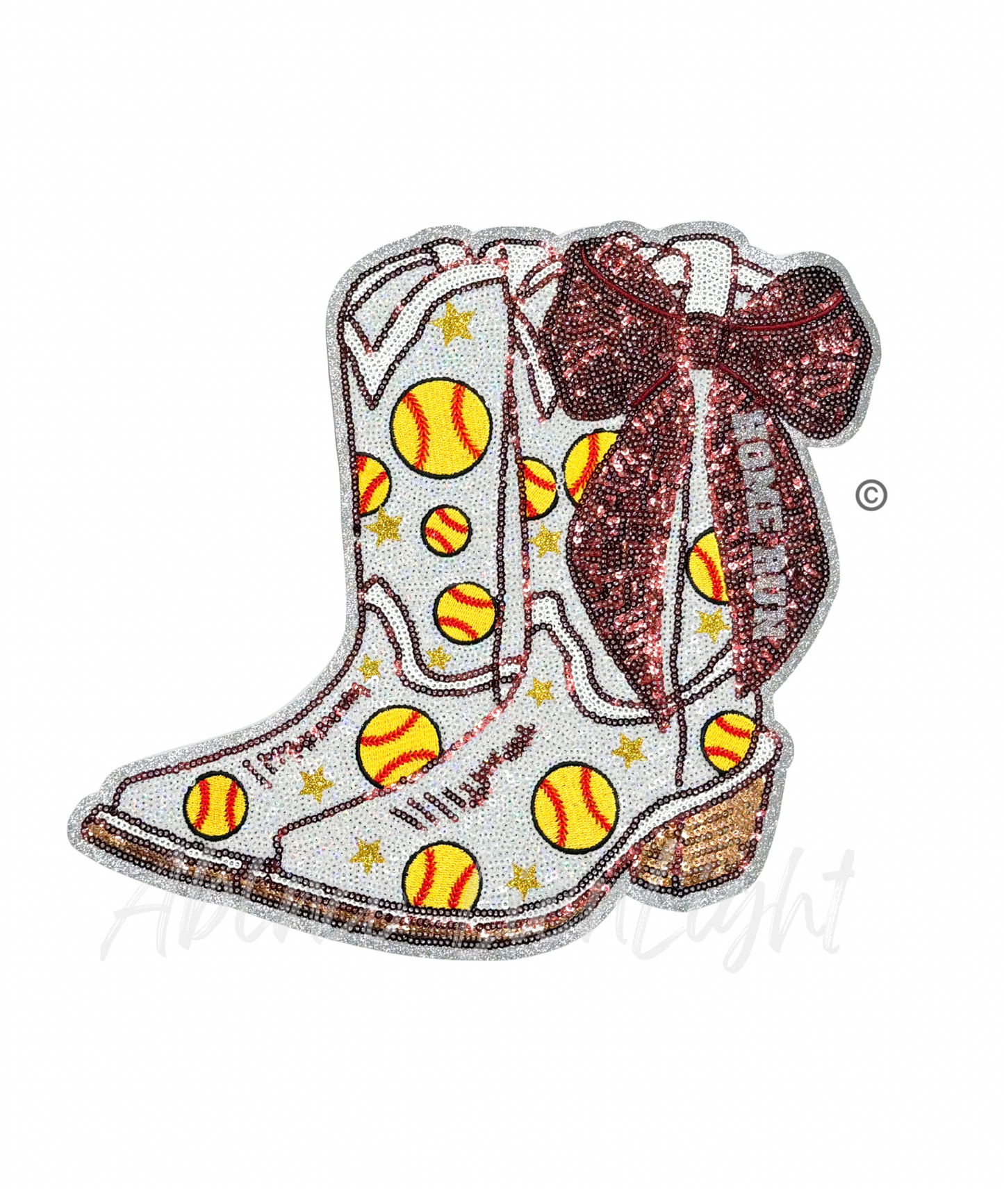 Softball Homerun Star Maroon Bow Boots Sequin Patch - Large