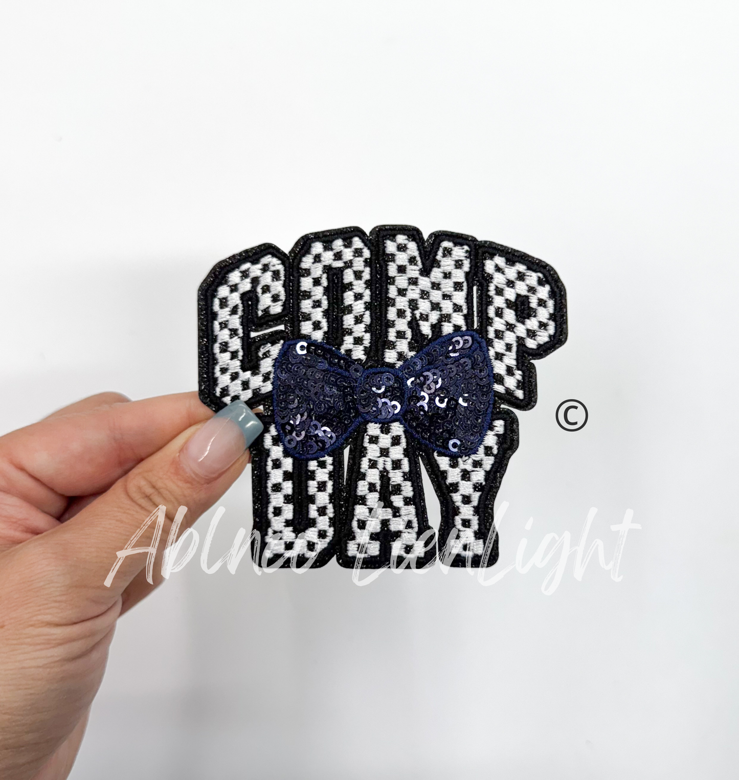 Checkered Comp Day Sequins Navy Bow Embroidery Patch ©️