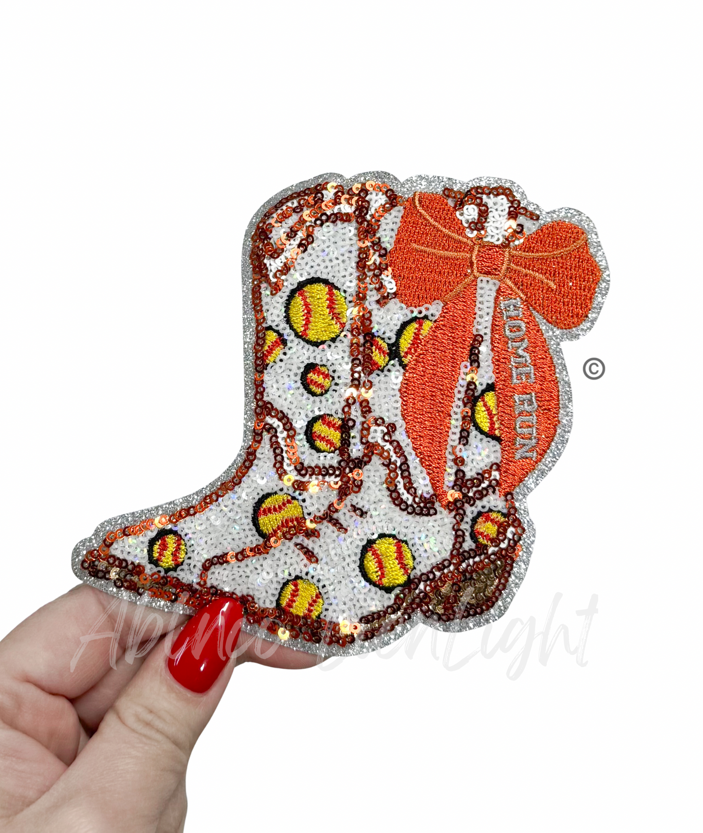 Softball Homerun Star Orange Bow Boots Sequin Patch - Small