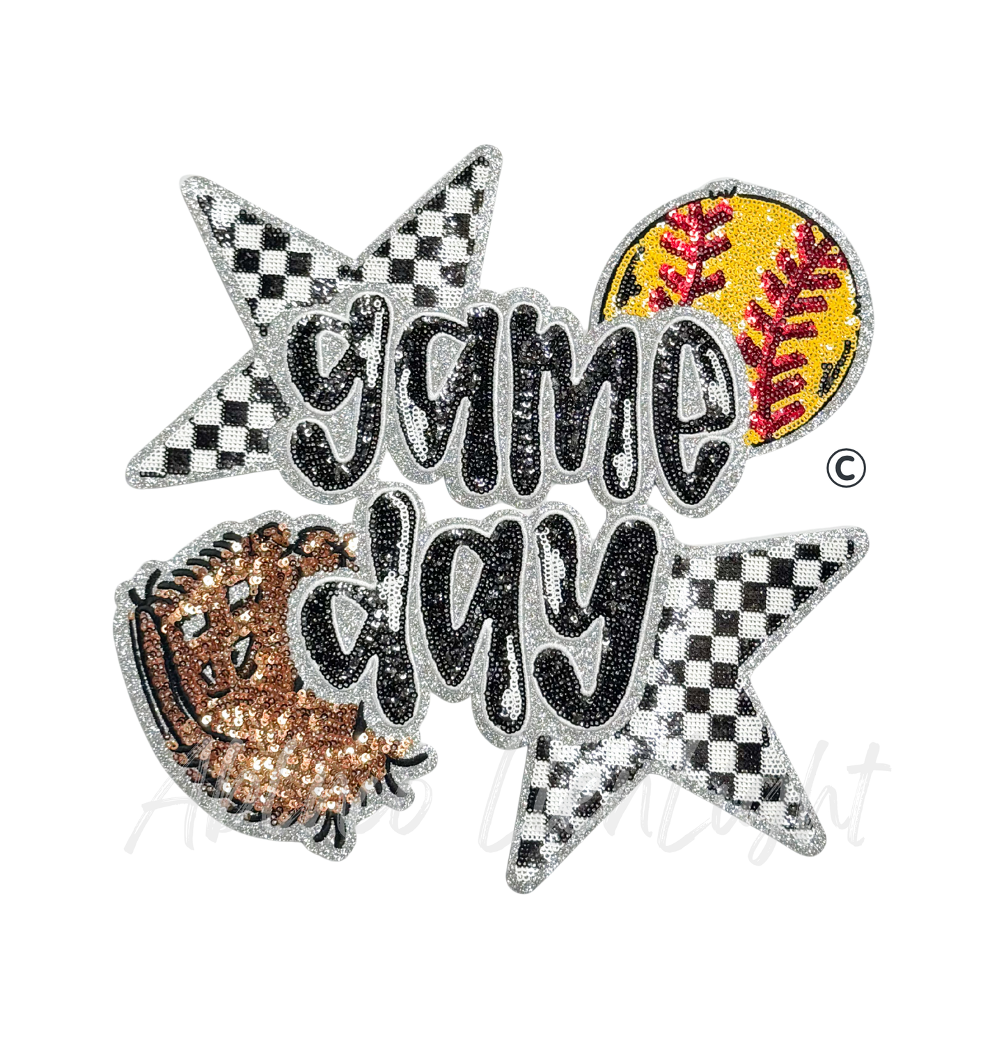 Softball Game Day Checkered Star Sequins Patch