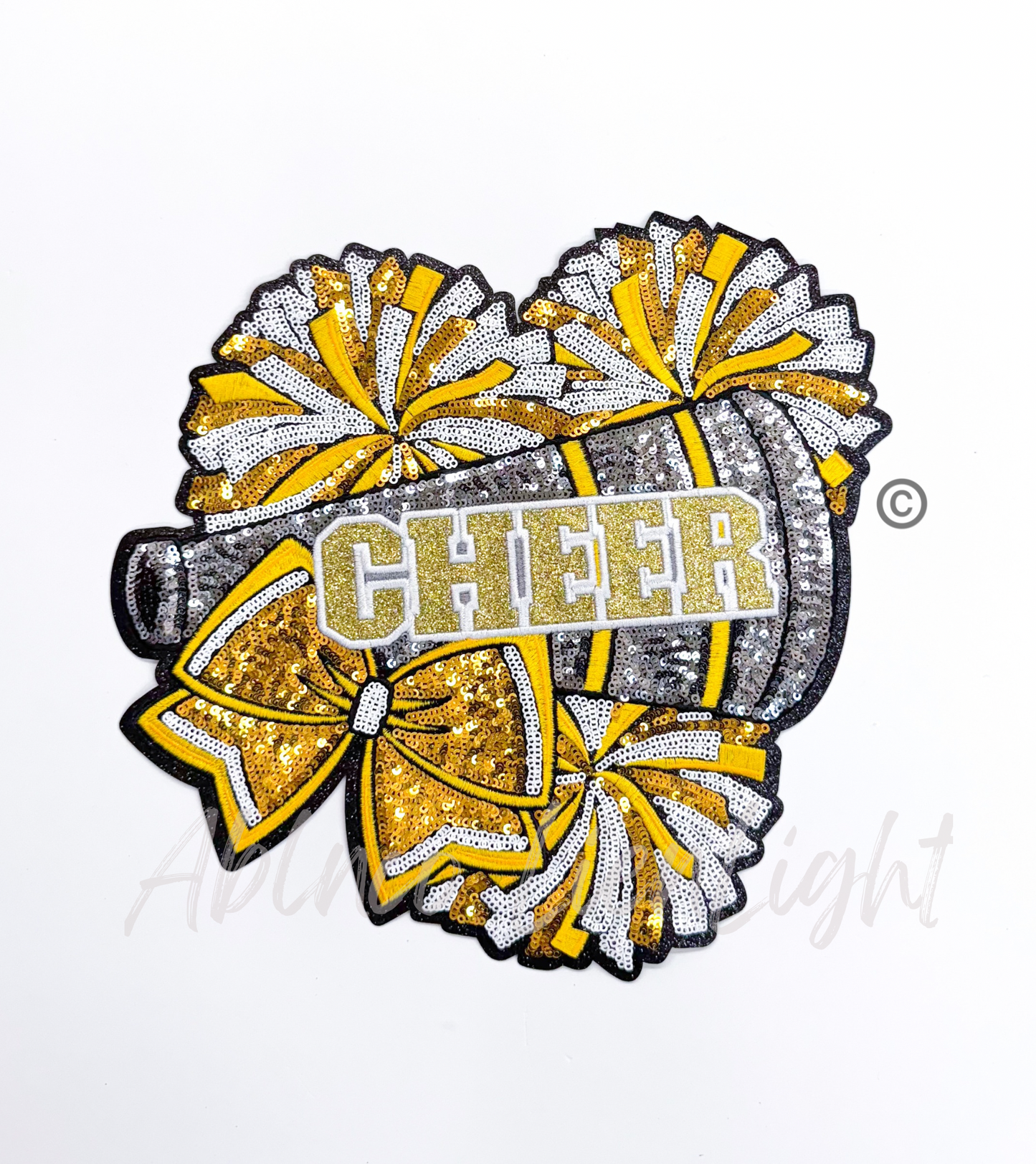 Gold Cheer Bow Megaphone Poms Sequin Patch - Large