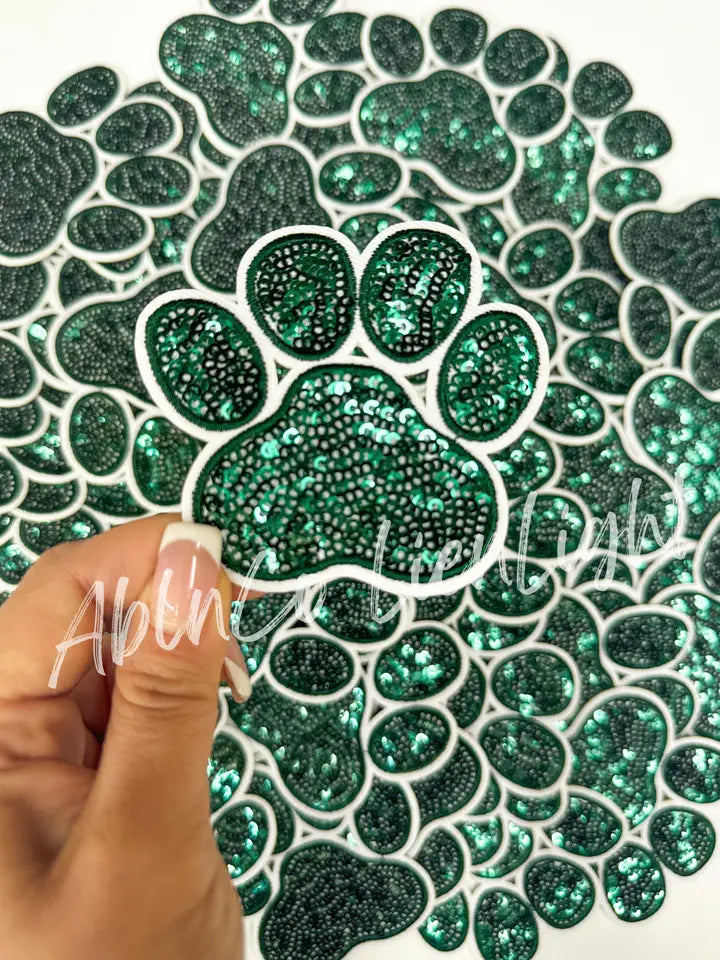 Green Sequins Paw Print Embroidery Patch