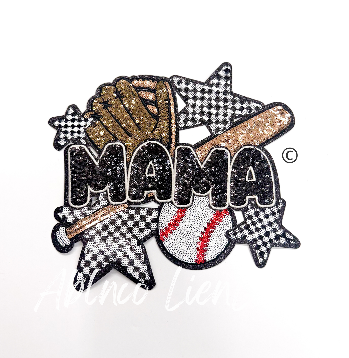 Baseball Mama Checkered Star Sequins Patch - Large