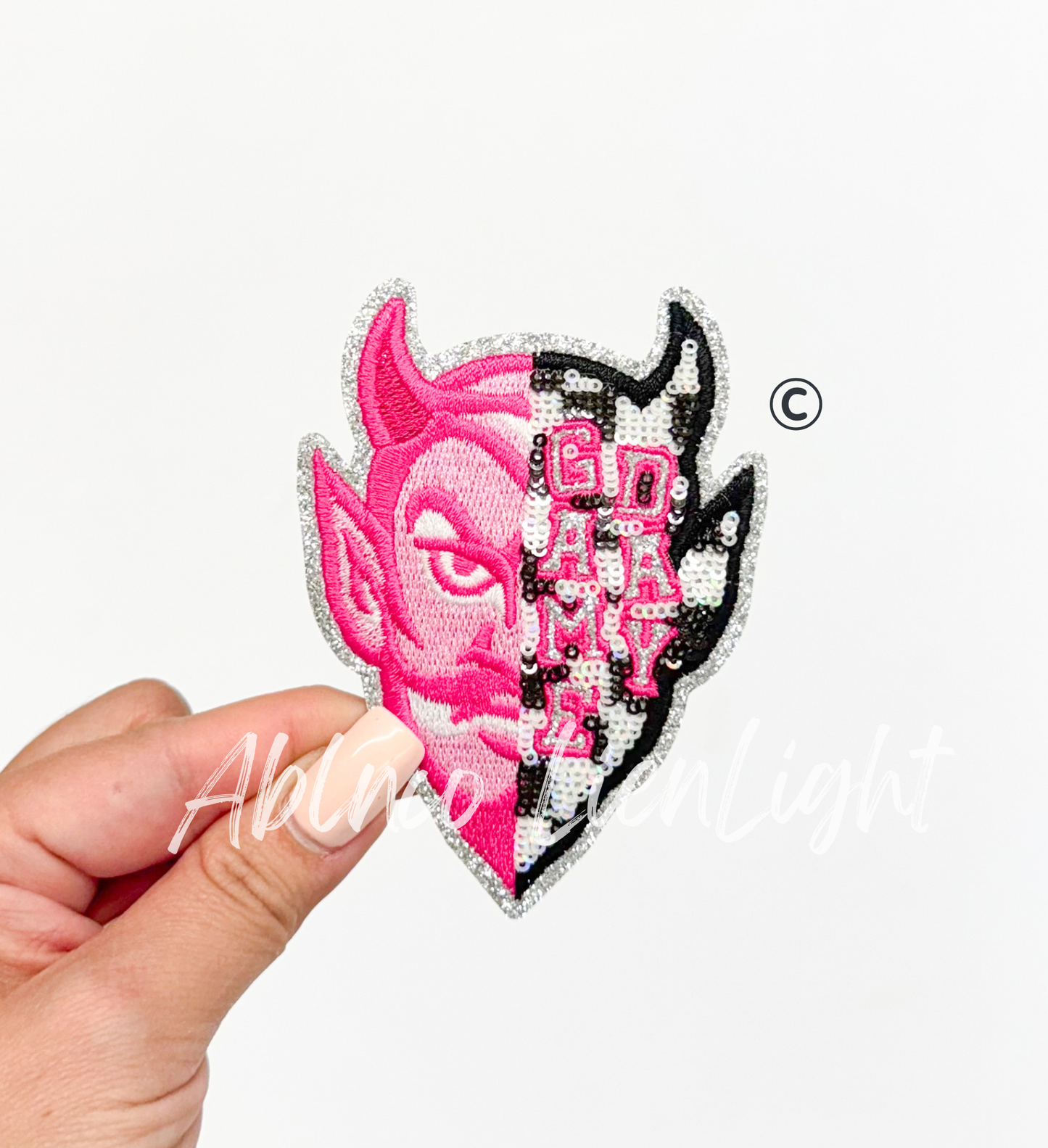 Preppy Pink Checkered Devil Mascot Game Day Sequin Patch - Small
