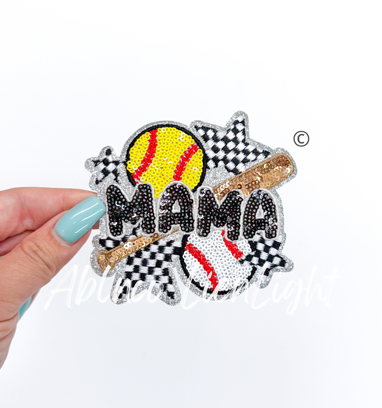 Small Baseball Softball Mama Checkered Star Sequins Patch