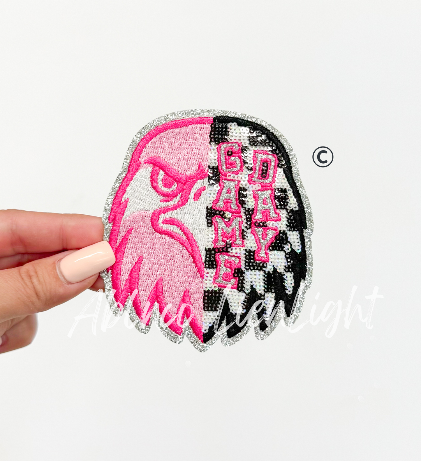 Preppy Pink Checkered Eagle Mascot Game Day Sequin Patch - Small