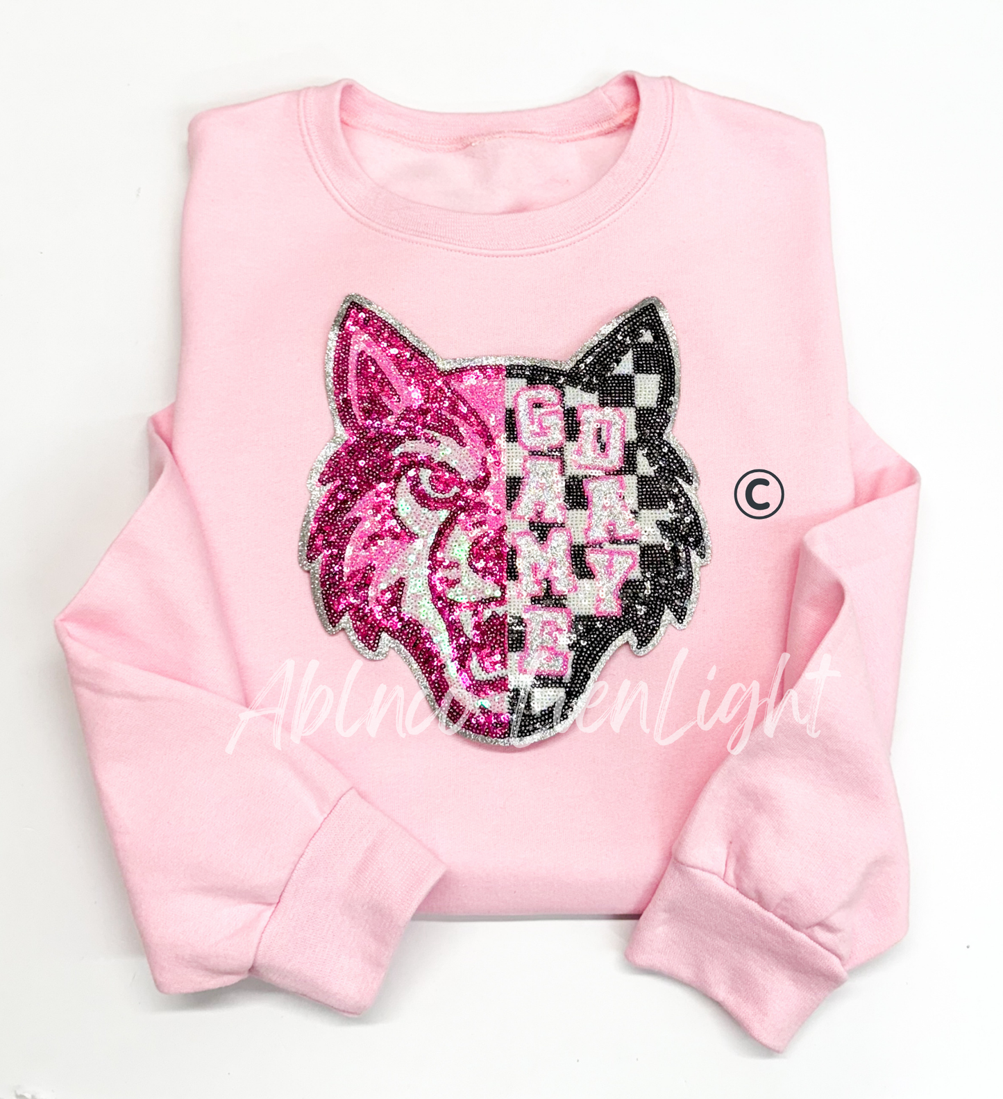 Preppy Pink Checkered Wolf Mascot Game Day Sequin Patch