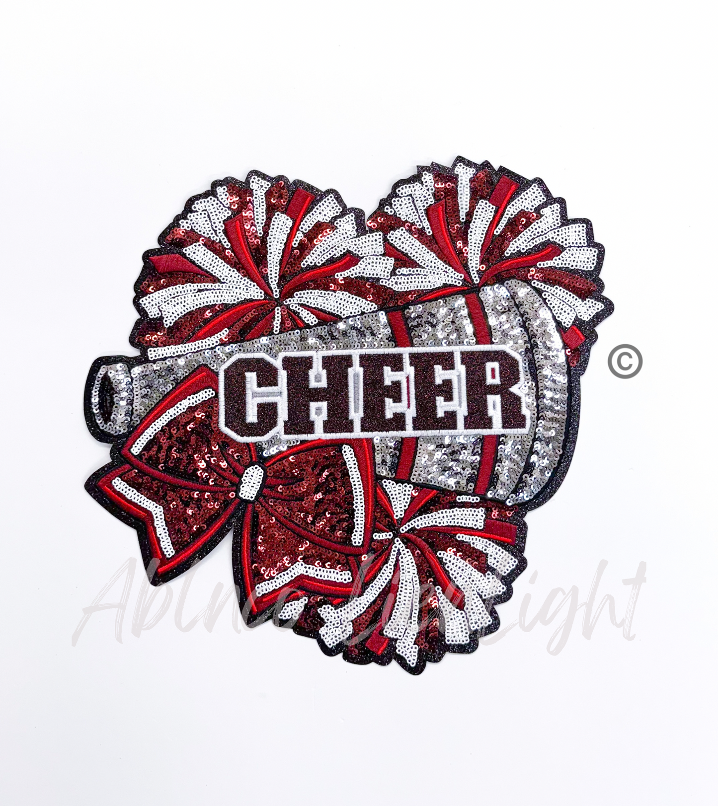 Maroon Cheer Bow Megaphone Poms Sequin Patch - Large
