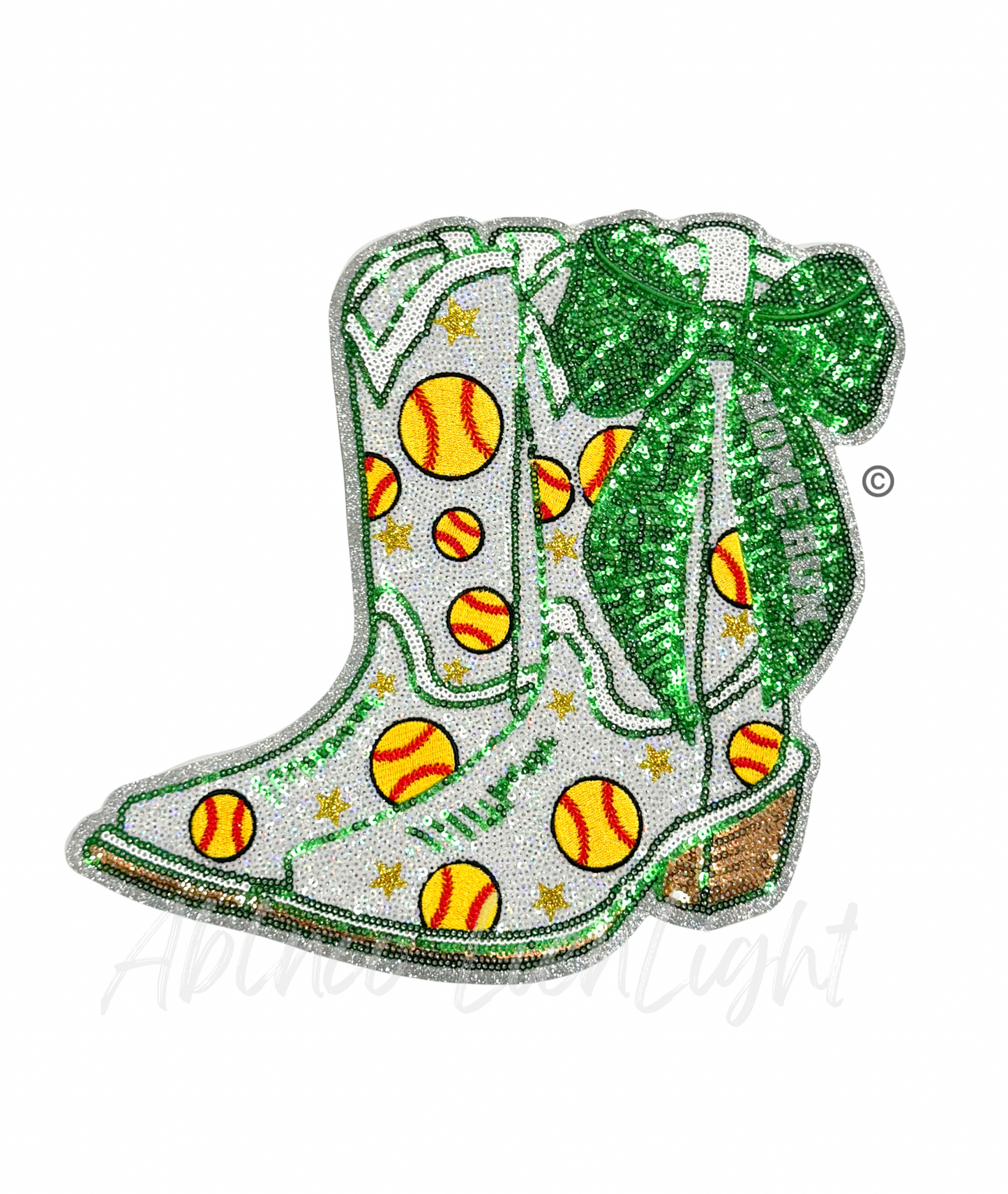 Softball Homerun Star Green Bow Boots Sequin Patch - Large