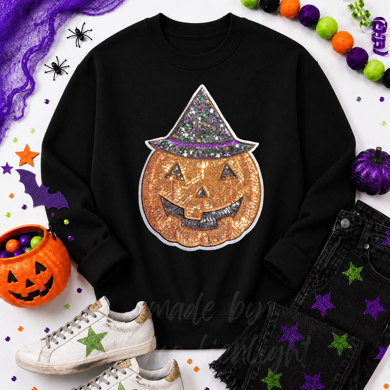Witchy Pumpkin Halloween Sequin Patch Sweatshirt