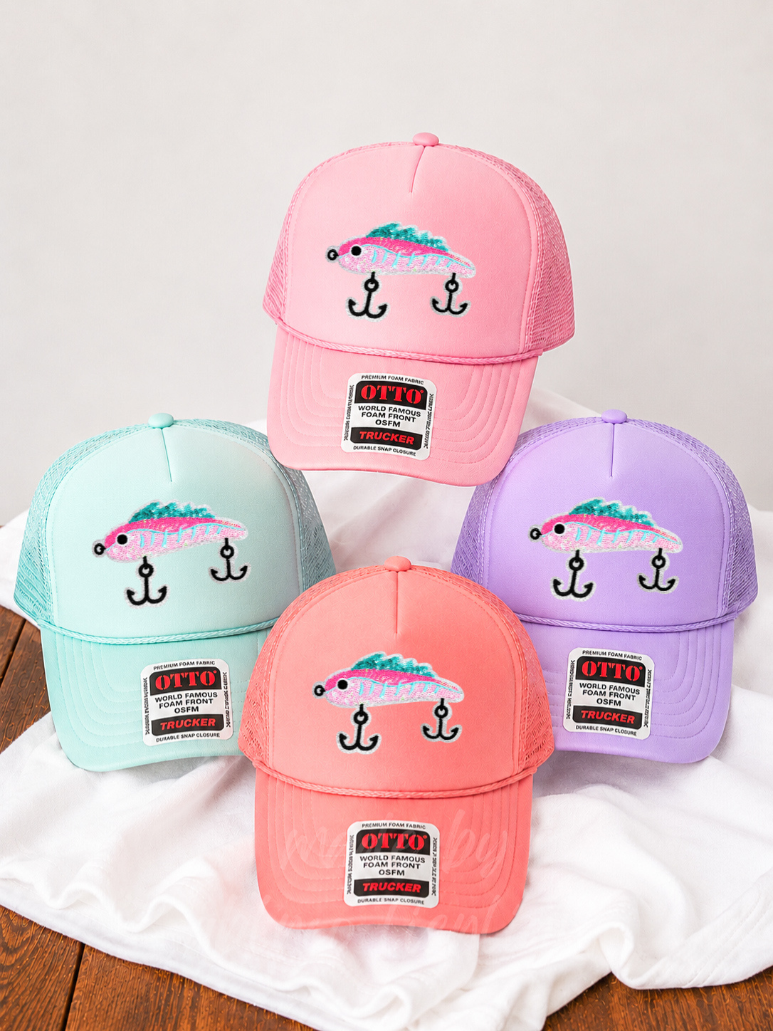 Pink Fishing Lure Summer Sequin Patch Otto Trucker Hat