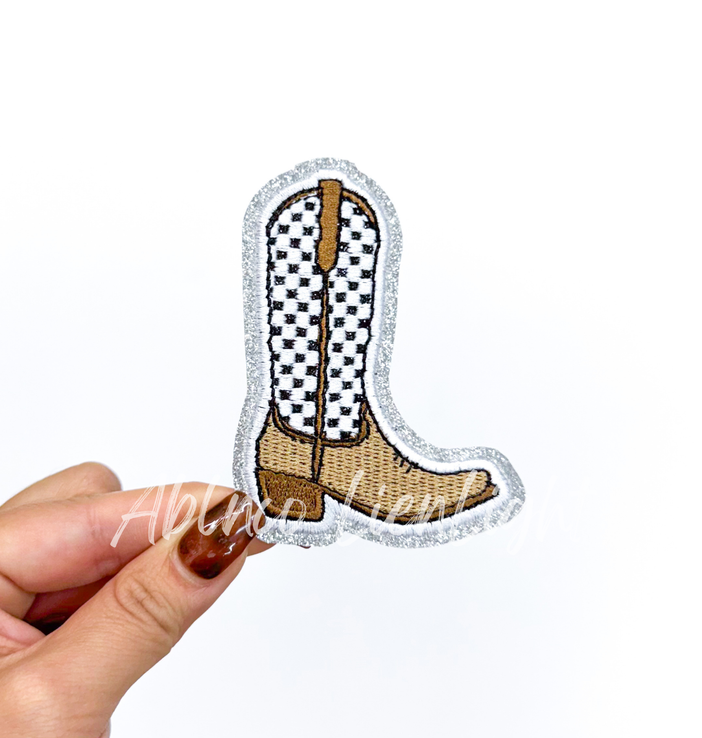 Brown Checkered Cowboy Boot Western Glitter Patch