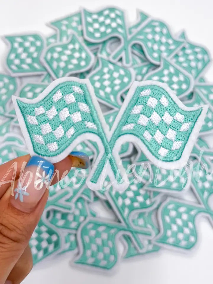 Turquoise Checkered Flag Embroidery Patch