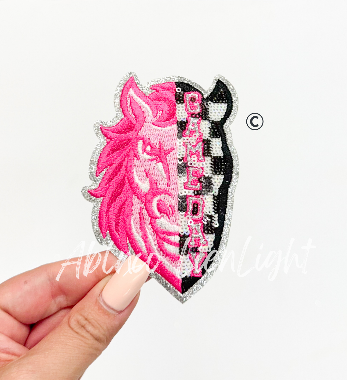 Preppy Pink Checkered Mustang Mascot Game Day Sequin Patch - Small