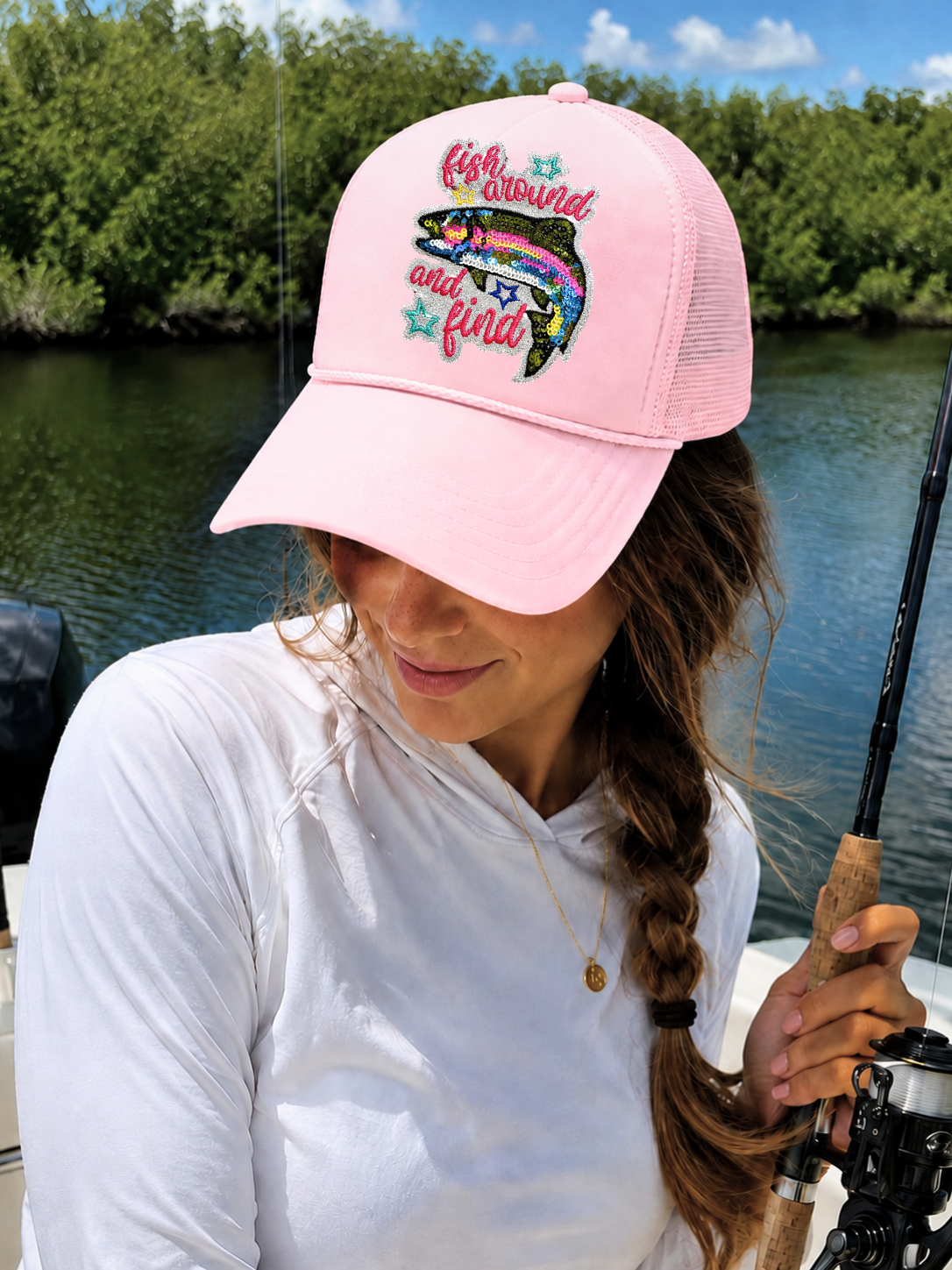 Fish Around And Find Trout Summer Sequin Embroidery Patch - Small