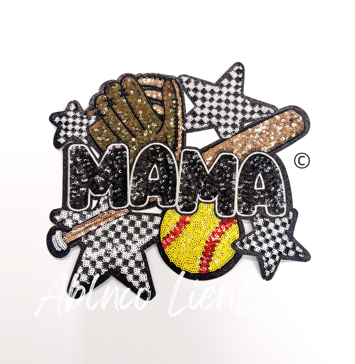 Softball Mama Checkered Star Sequins Patch - Large
