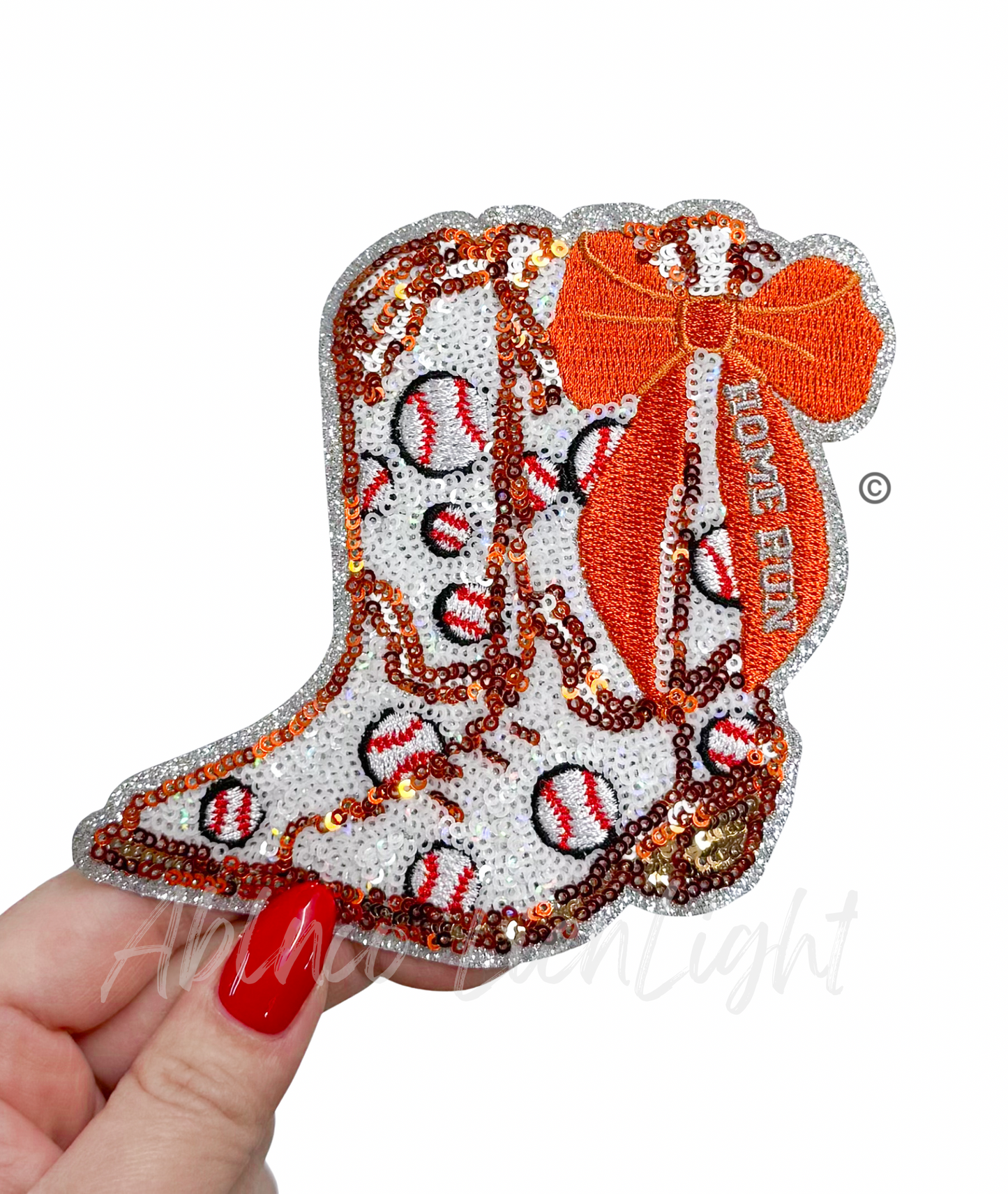 Baseball Homerun Star Orange Bow Boots Sequin Patch - Small