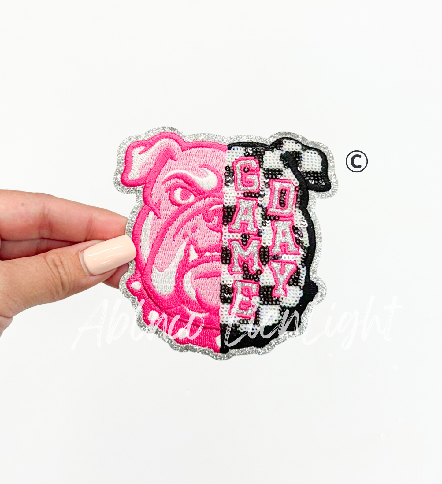 Preppy Pink Checkered Bulldog Mascot Game Day Sequin Patch - Small