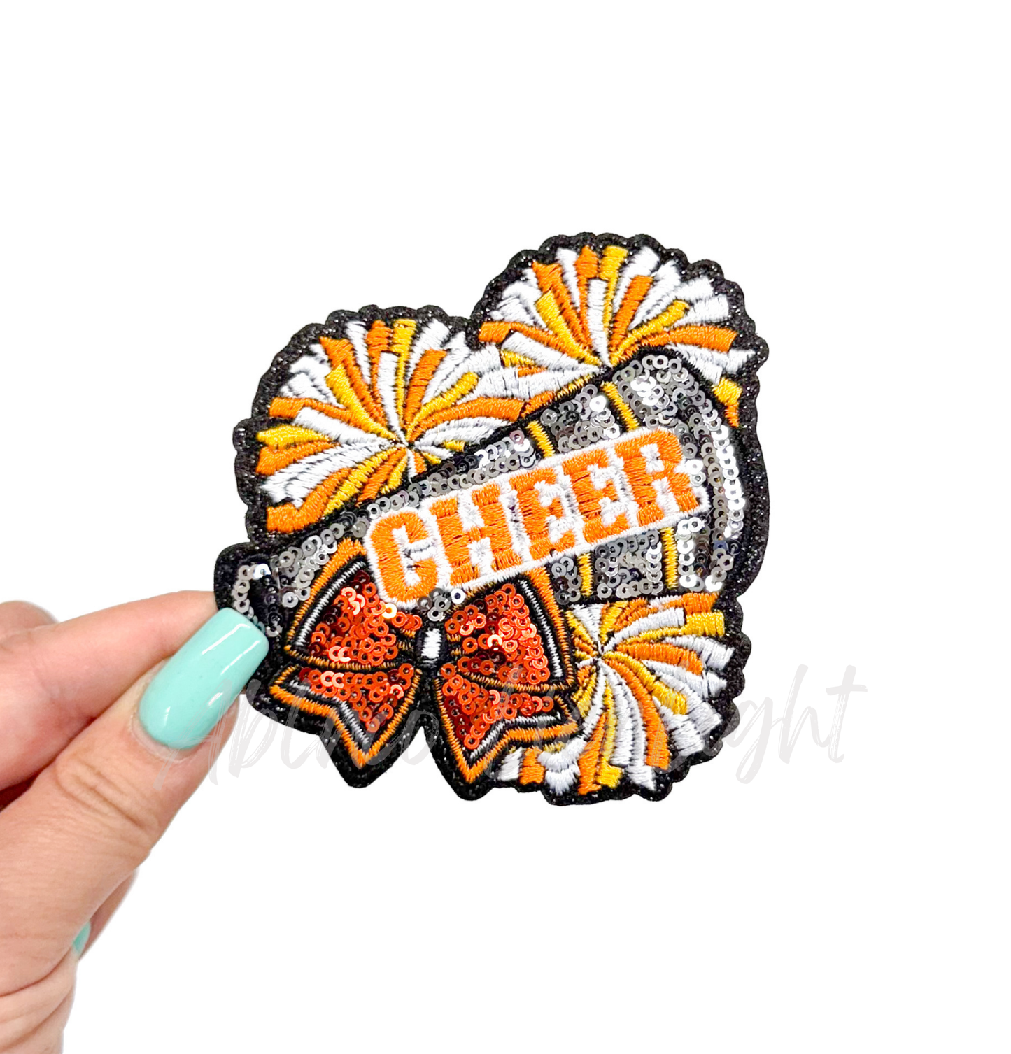 Orange Cheer Bow Megaphone Poms Sequin Patch - Small