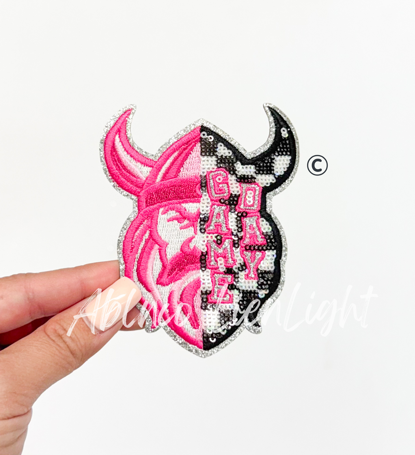 Preppy Pink Checkered Viking Mascot Game Day Sequin Patch - Small