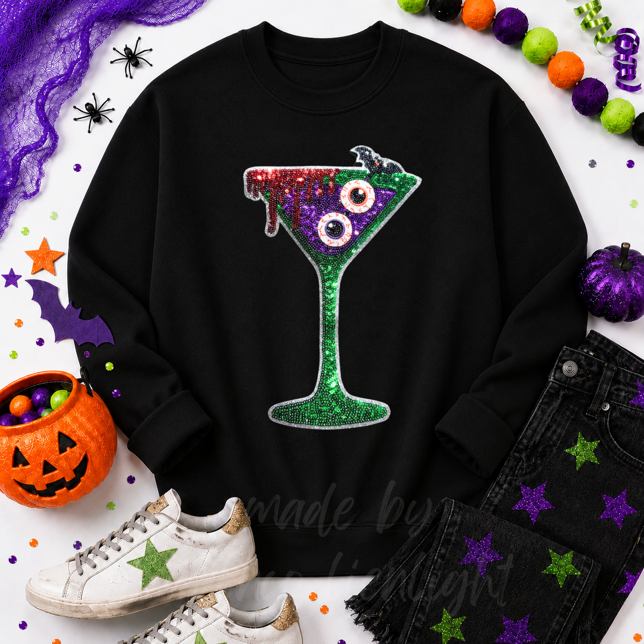 Bloody Eyeballs Martini Halloween Sequin Patch Sweatshirt