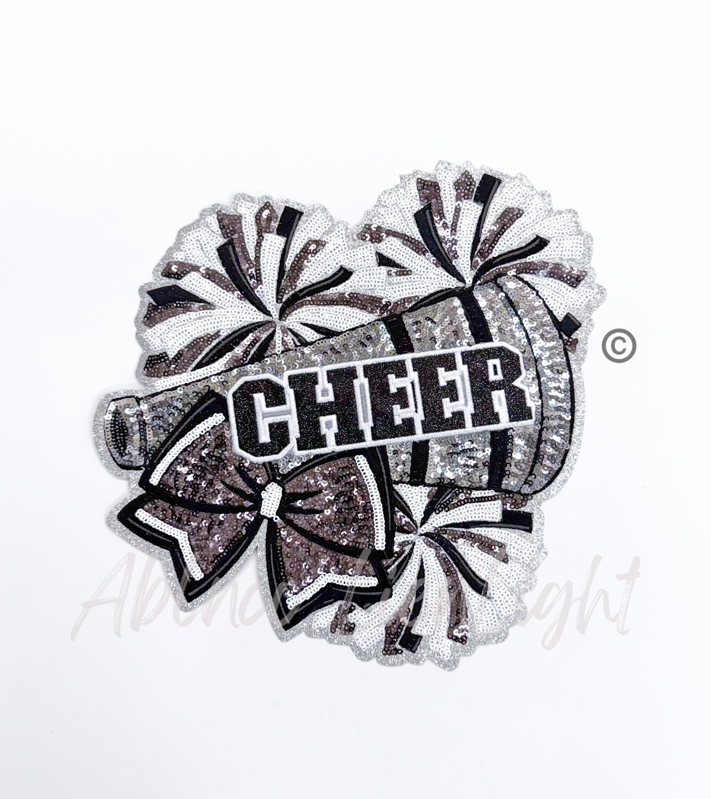 Black Cheer Bow Megaphone Poms Sequin Patch - Large