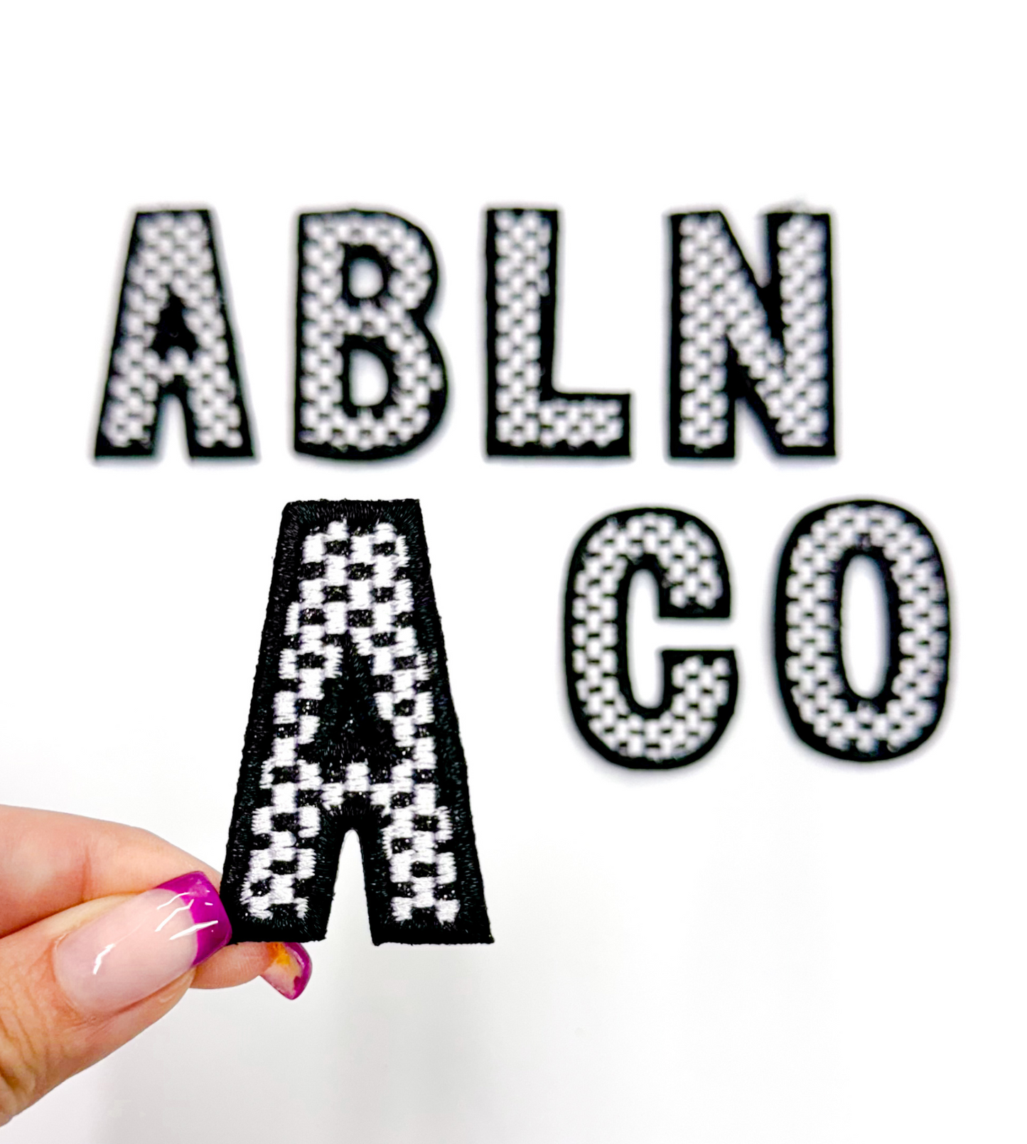2” Black Checkered Letters Glitter Embroidery Patch
