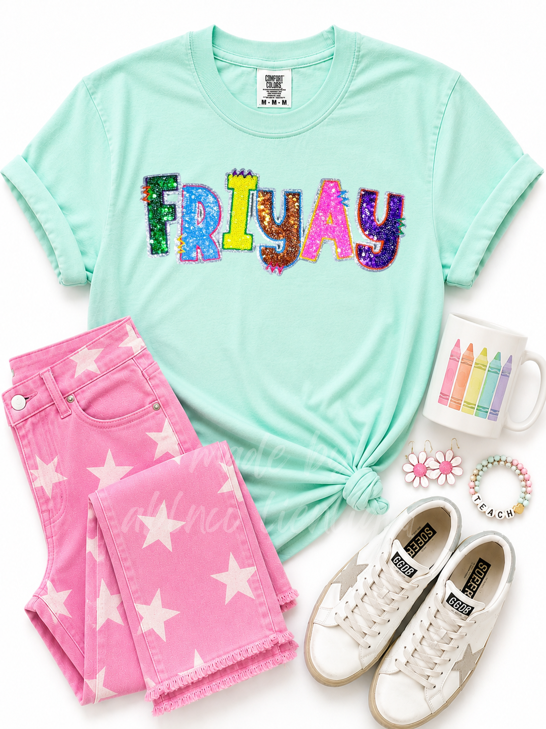 Colorful Friyay Teacher Sequin Patch Tshirt