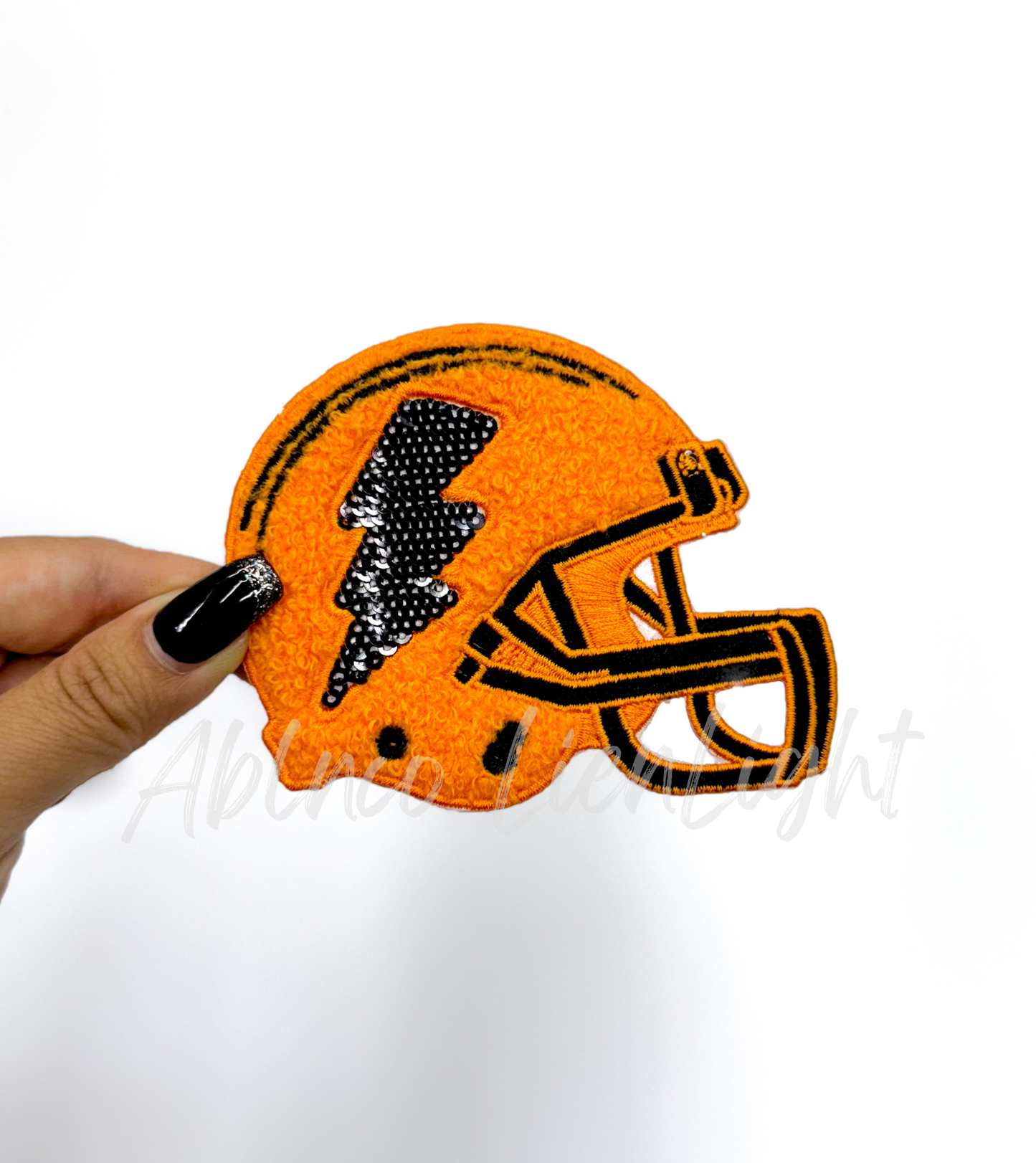 Orange & Black Football Helmet Chenille Sequin Embroidery Patch