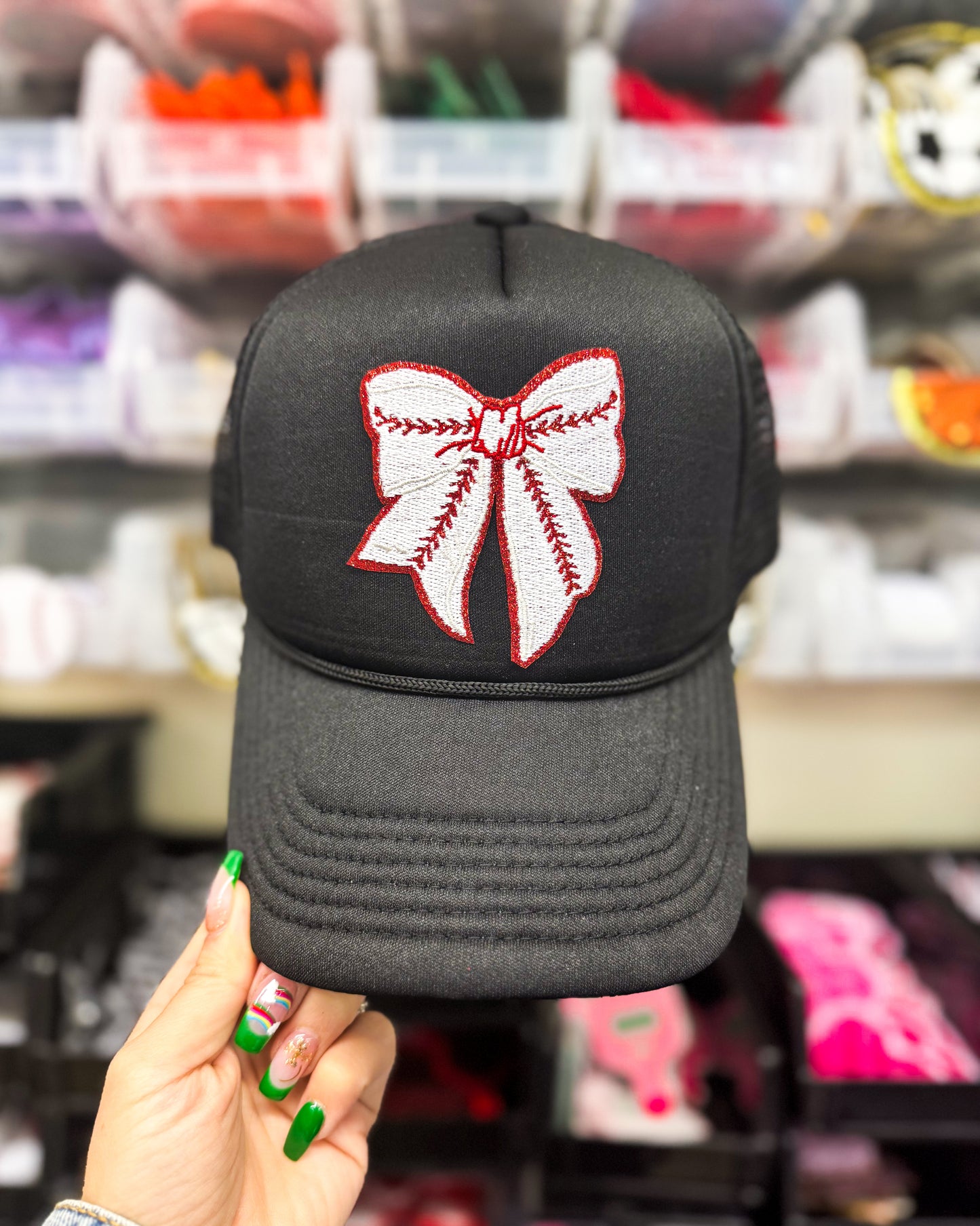 Baseball Bow Patch Black Trucker Hat