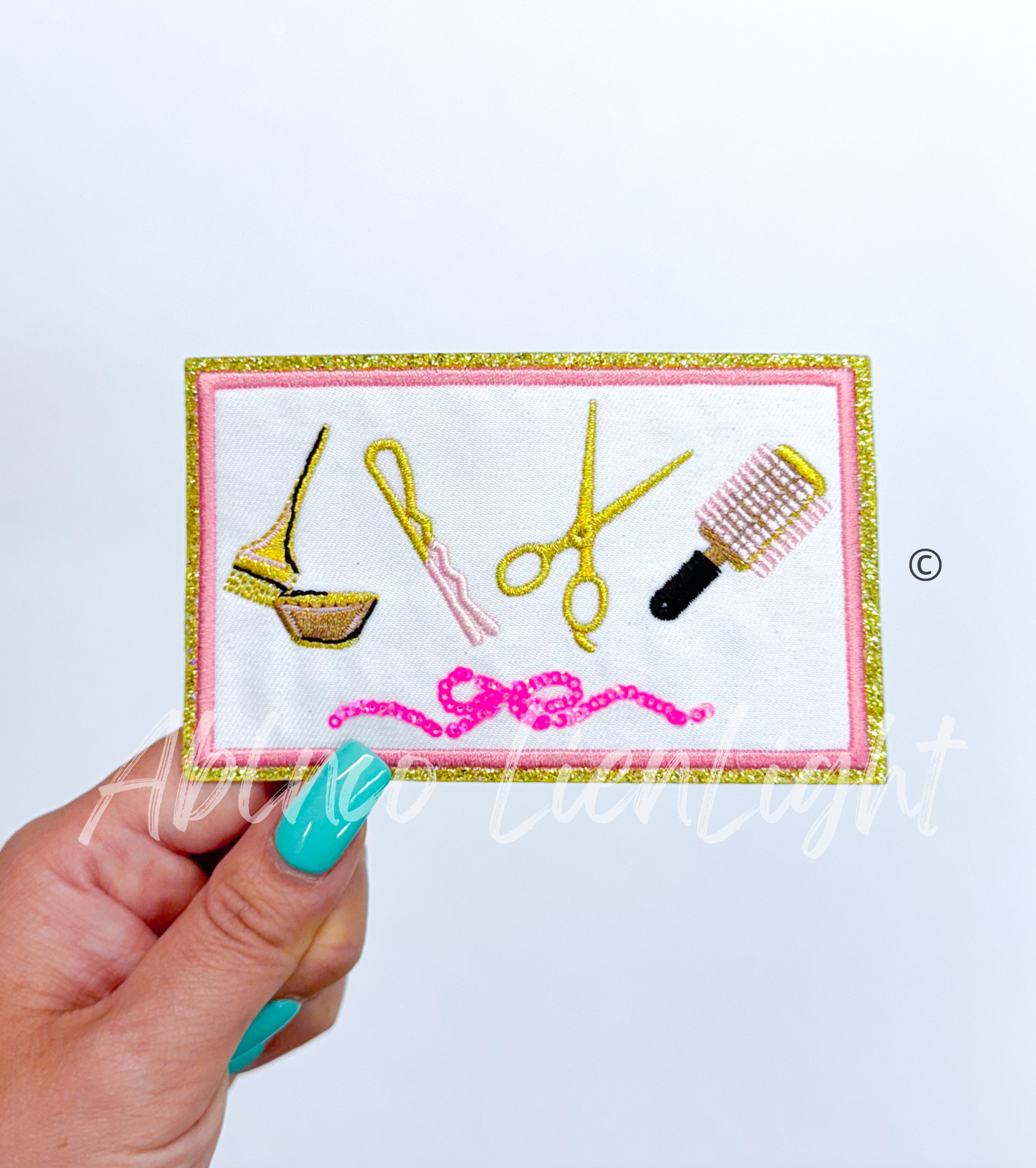 Pink Hair Stylist Tools Glitter Embroidery Patch