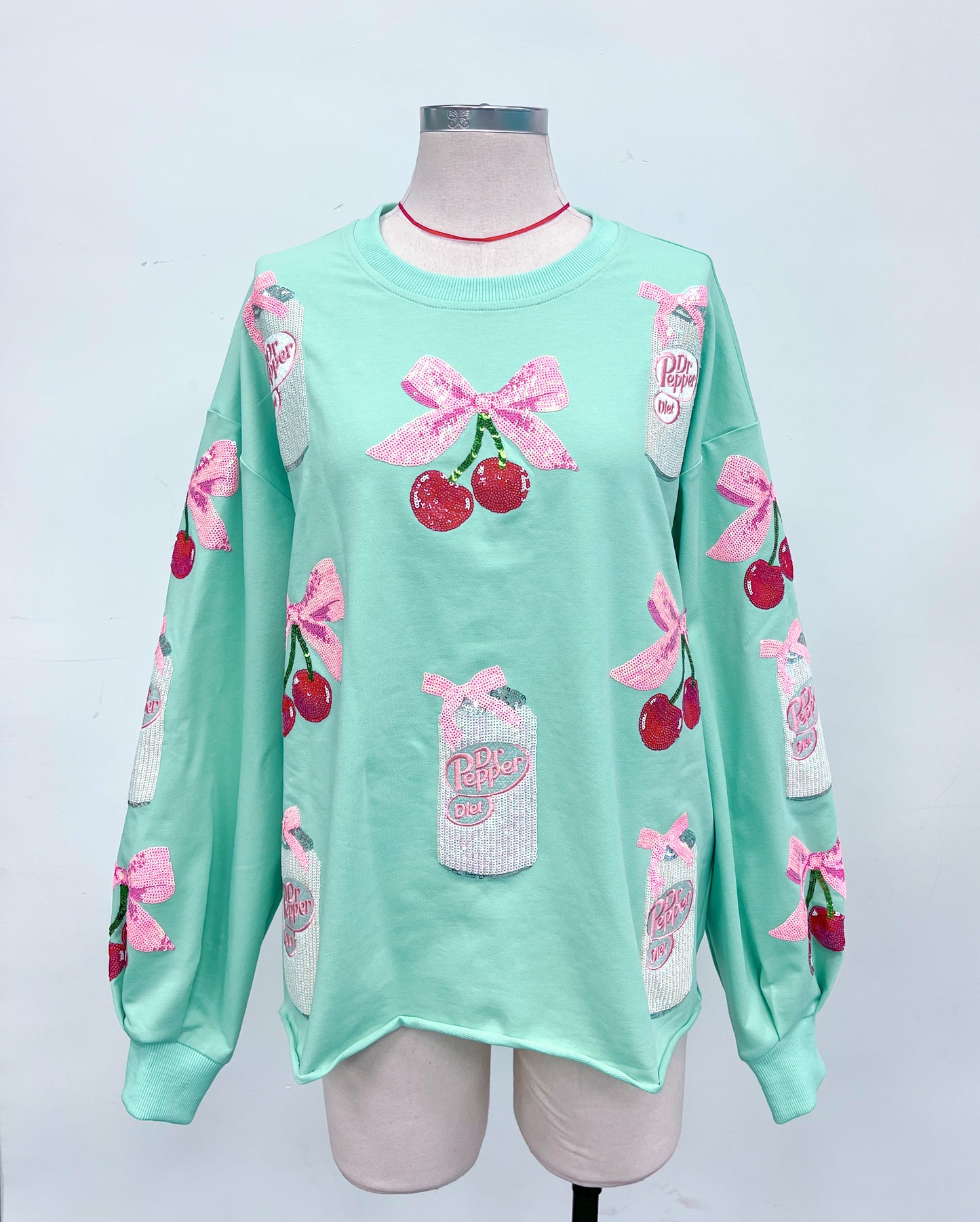 Sparkles Sequins Diet Dr. Pepper Cherries Pink Bow Mint Sweatshirt