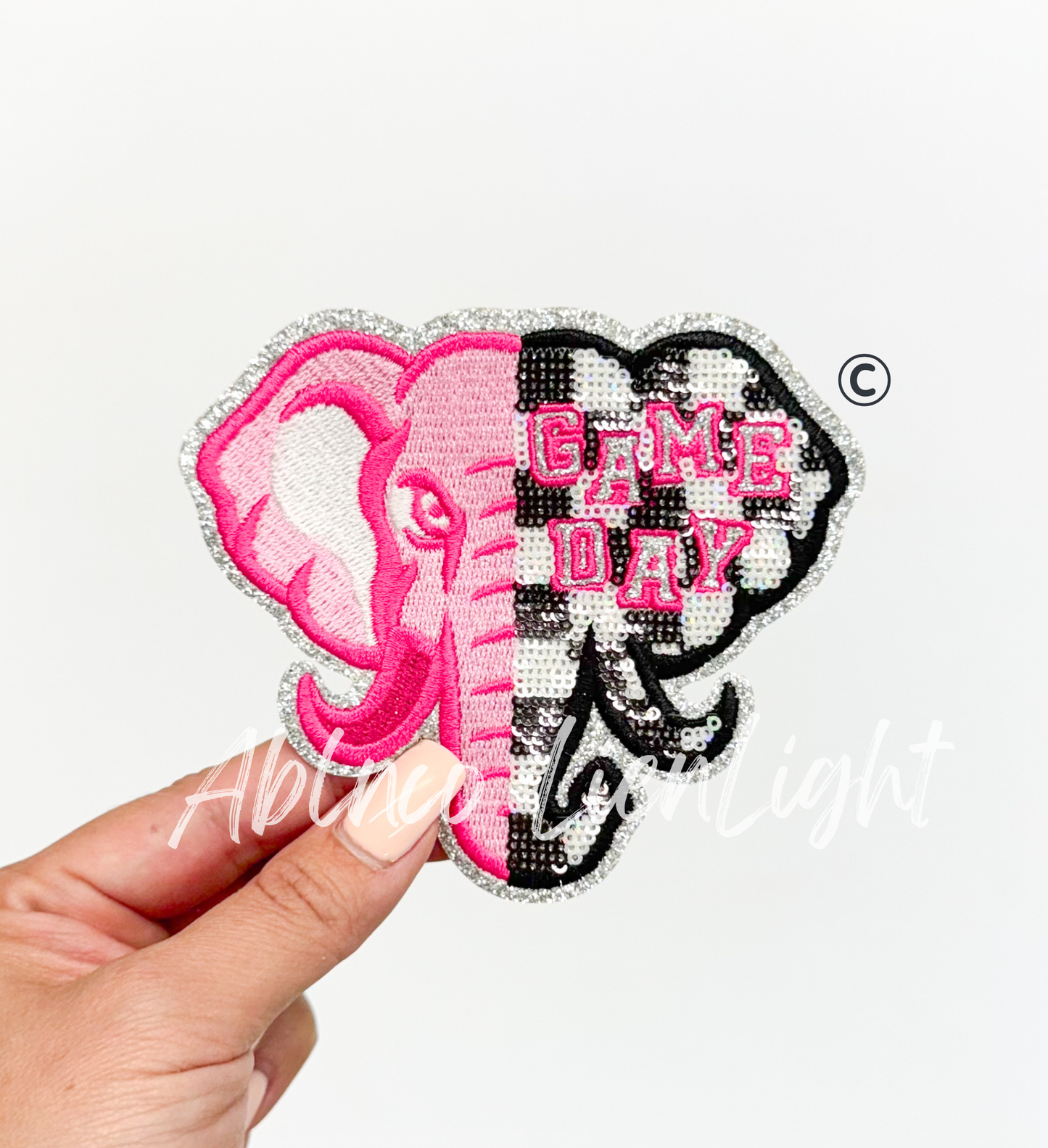 Preppy Pink Checkered Elephant Mascot Game Day Sequin Patch - Small