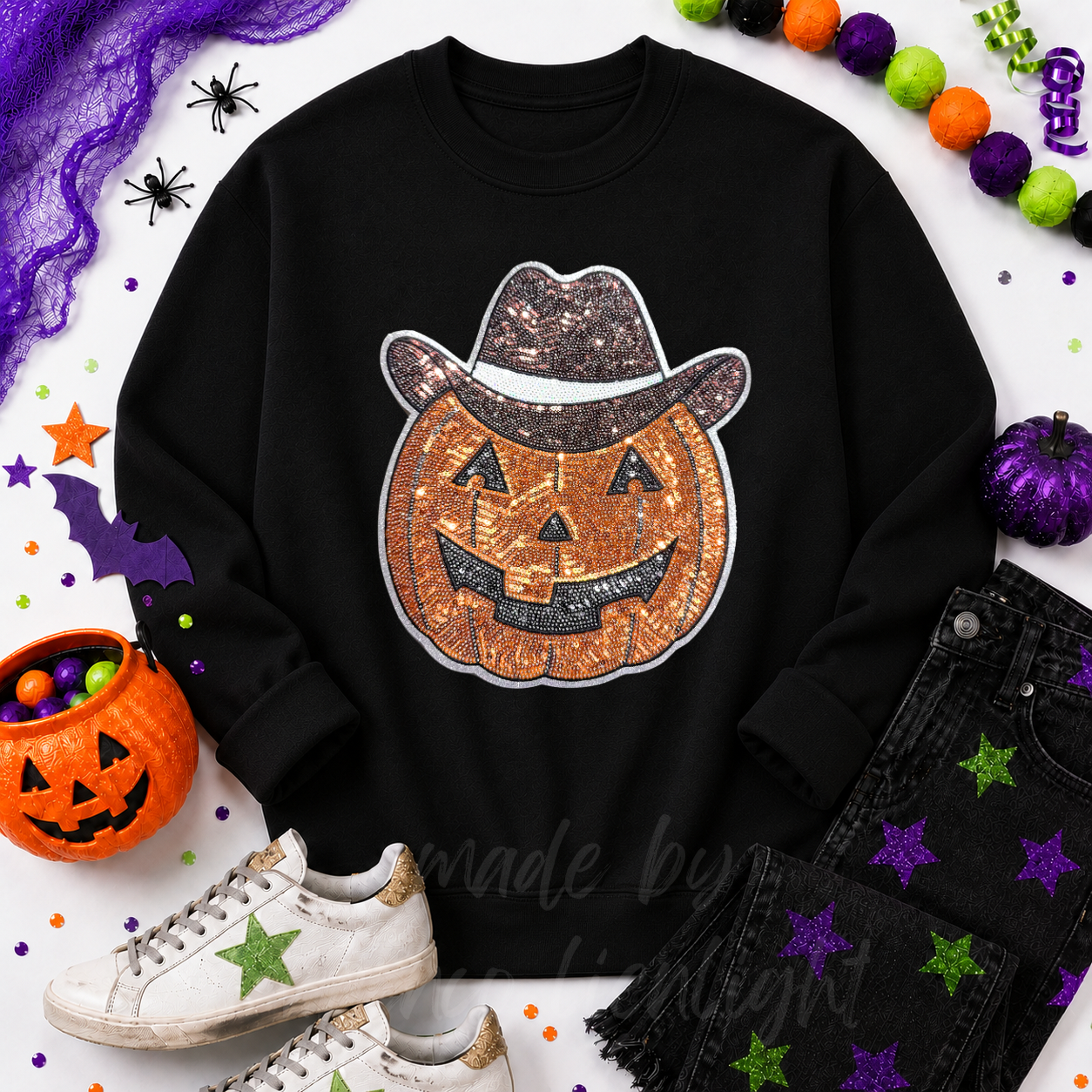 Cowboy Pumpkin Halloween Sequin Patch Tshirt