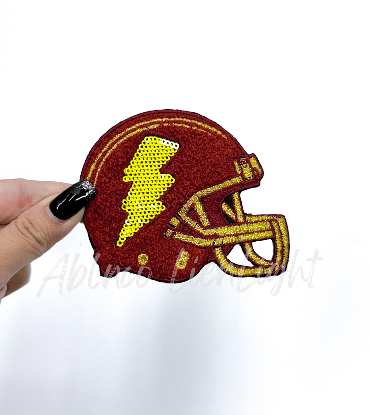Maroon & Gold Football Helmet Chenille Sequin Embroidery Patch