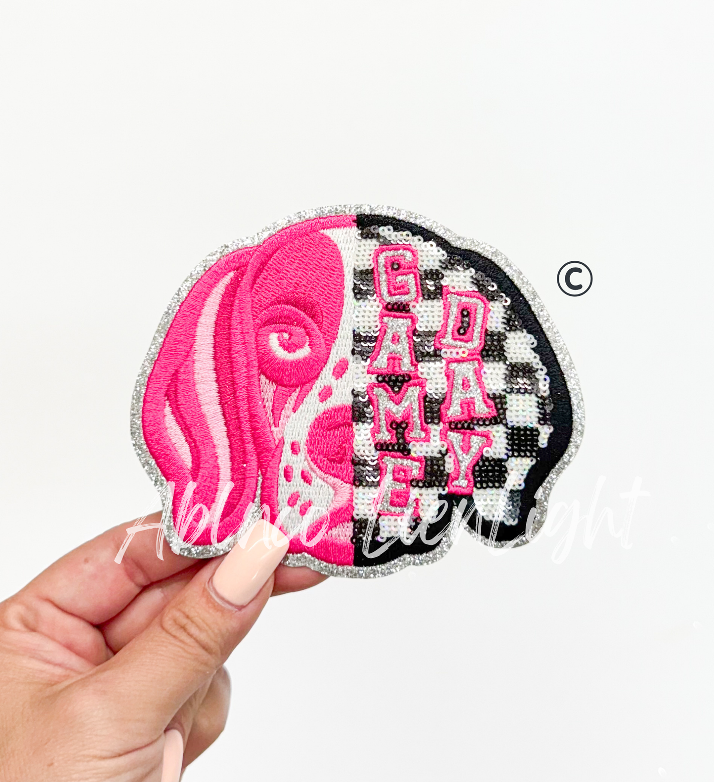 Preppy Pink Checkered Coon Hound Dog Mascot Game Day Sequin Patch - Small