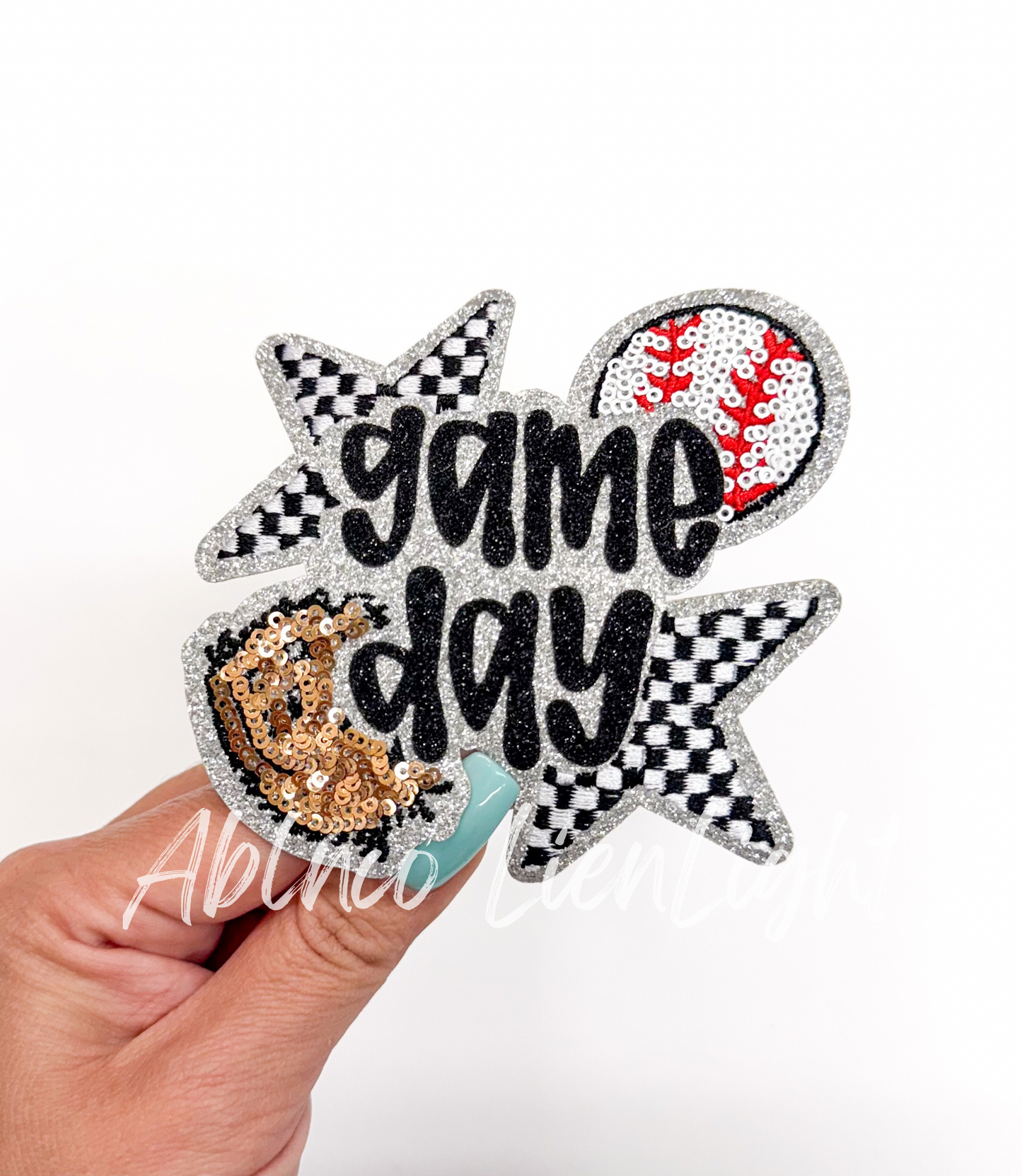 Small Baseball Game Day Checkered Star Sequins Patch