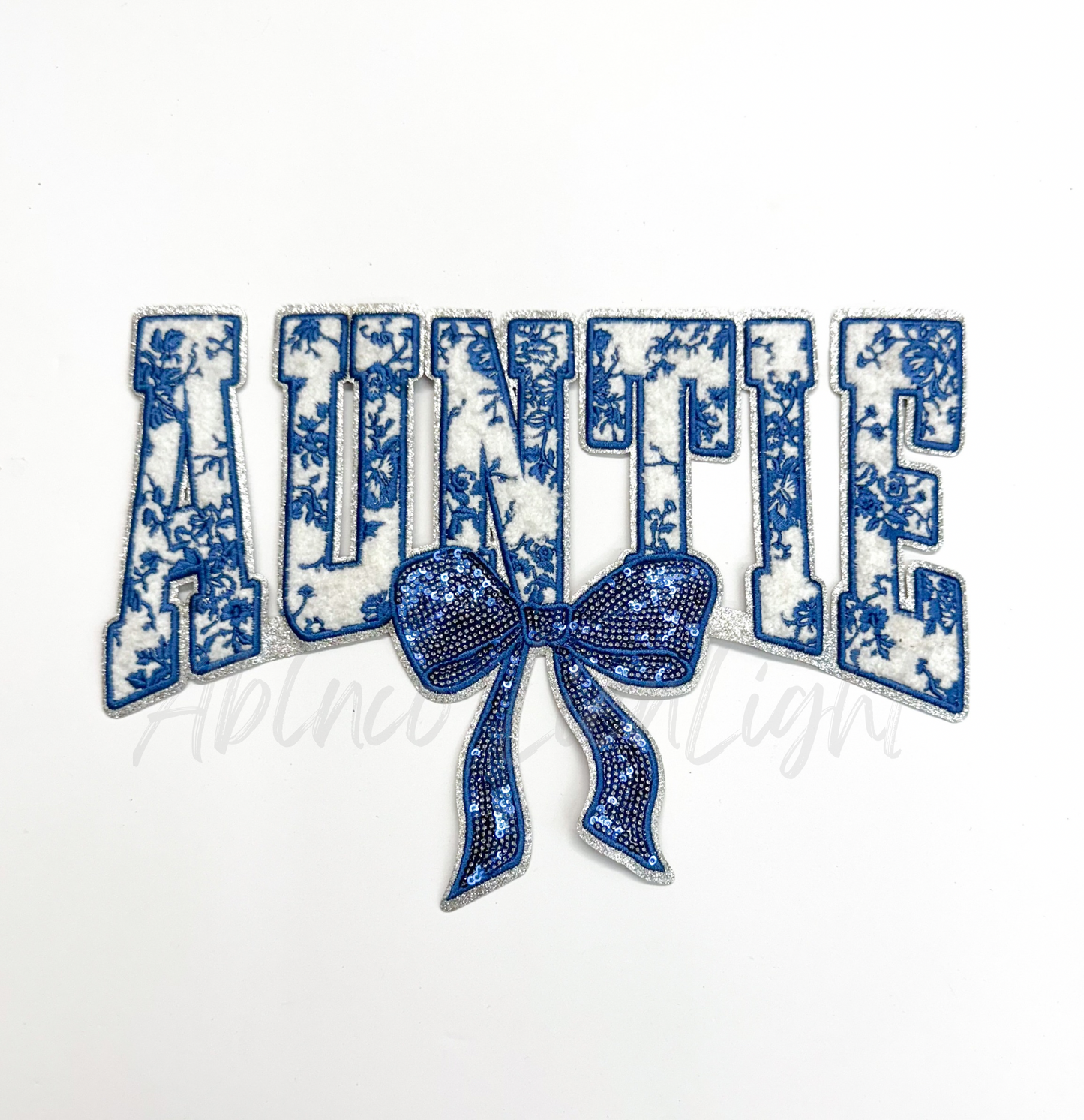 Blue Floral Grand Millennial Auntie Bow Sequins Chenille Patch