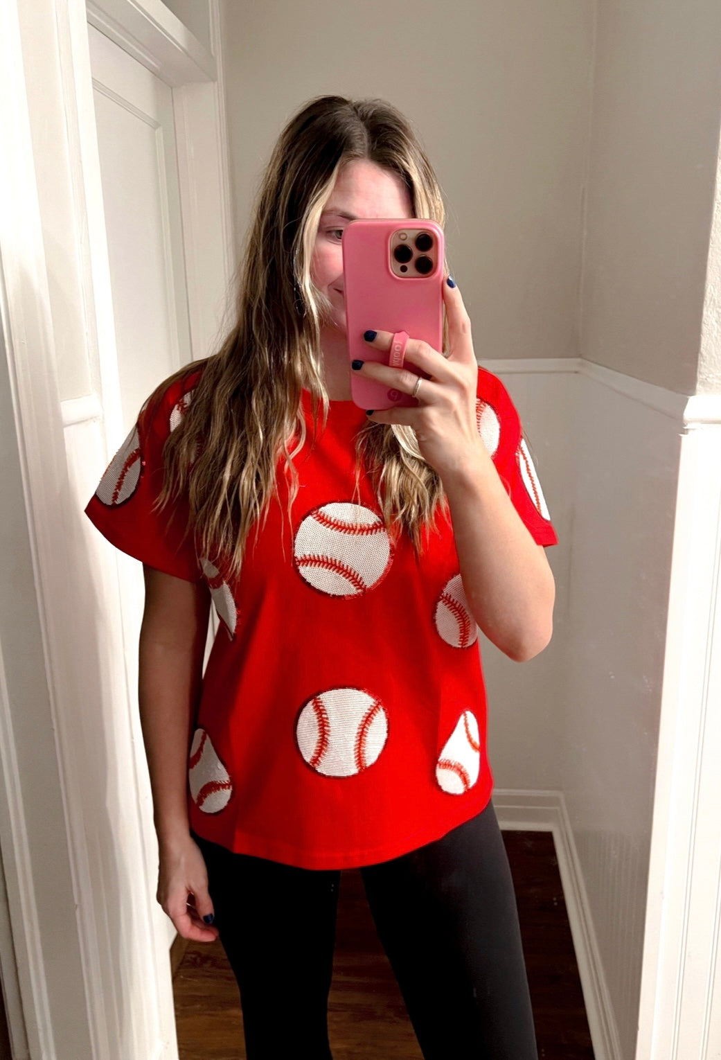 Baseball Beading Real Sequins Red Tshirt
