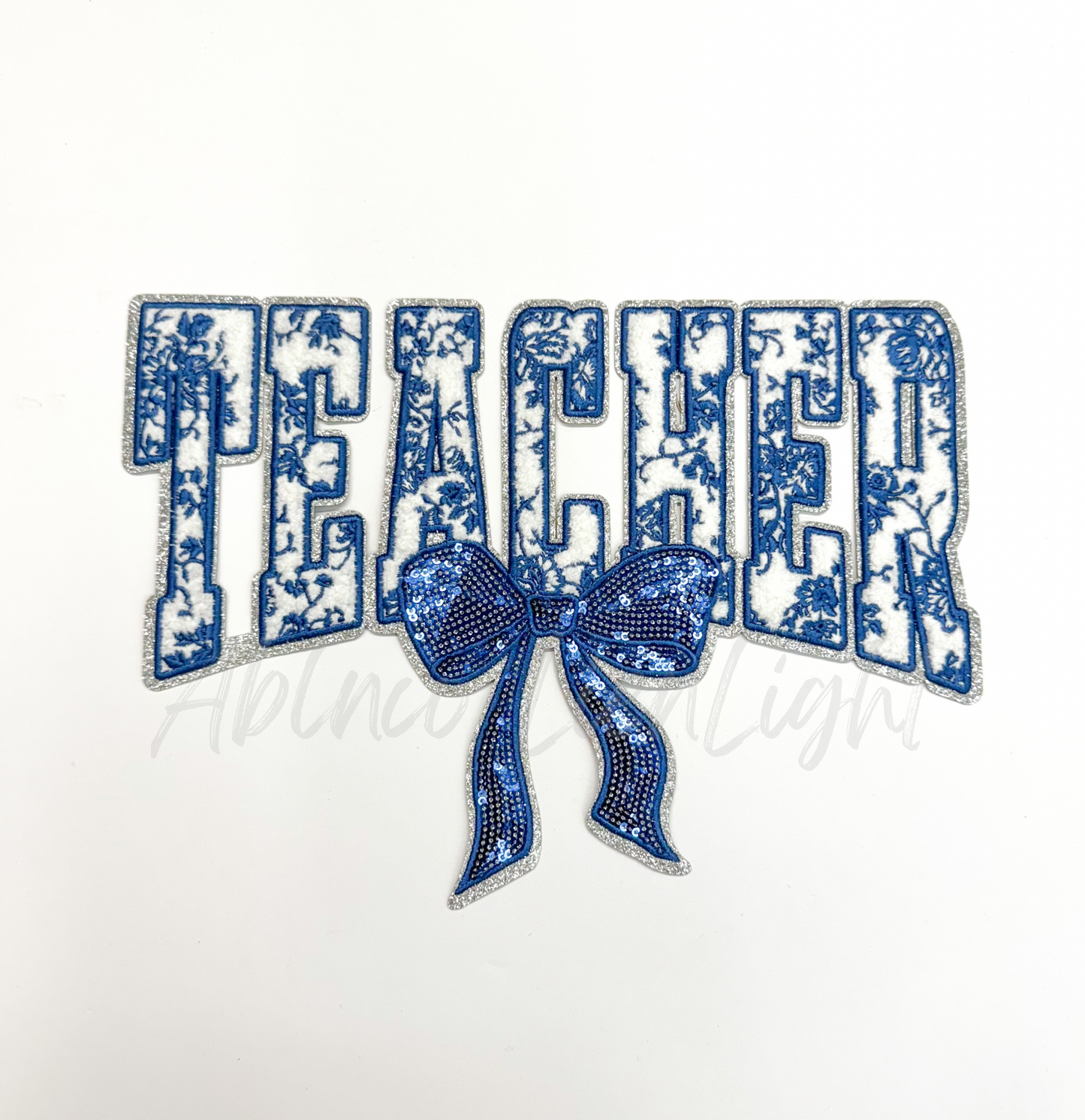 Blue Floral Grand Millennial Teacher Bow Sequins Chenille Patch