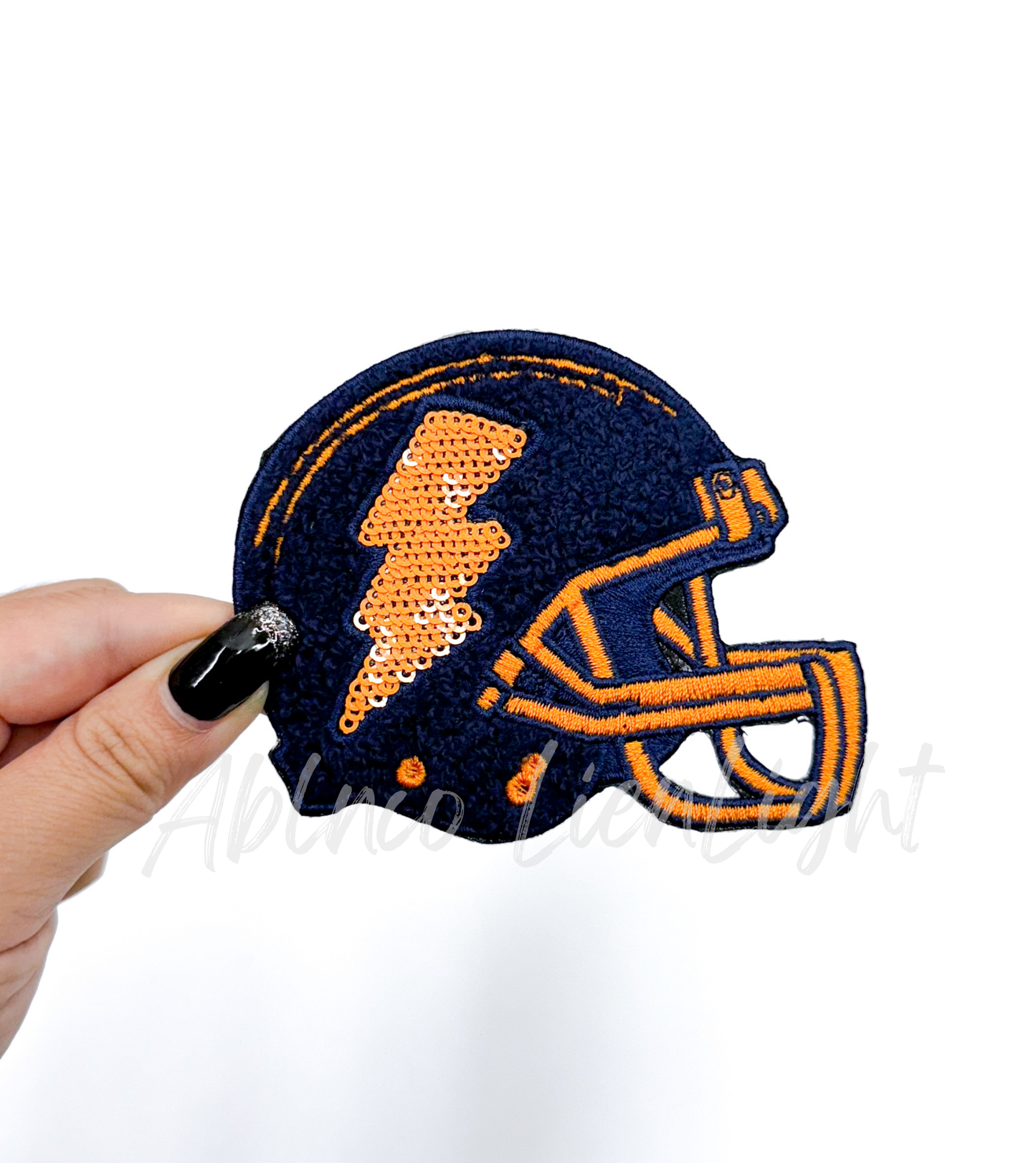 Navy & Orange Football Helmet Chenille Sequin Embroidery Patch
