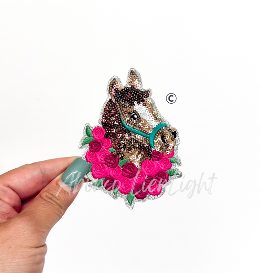 Preppy Pink Glitter Derby Horse ©️ Sequin Patch