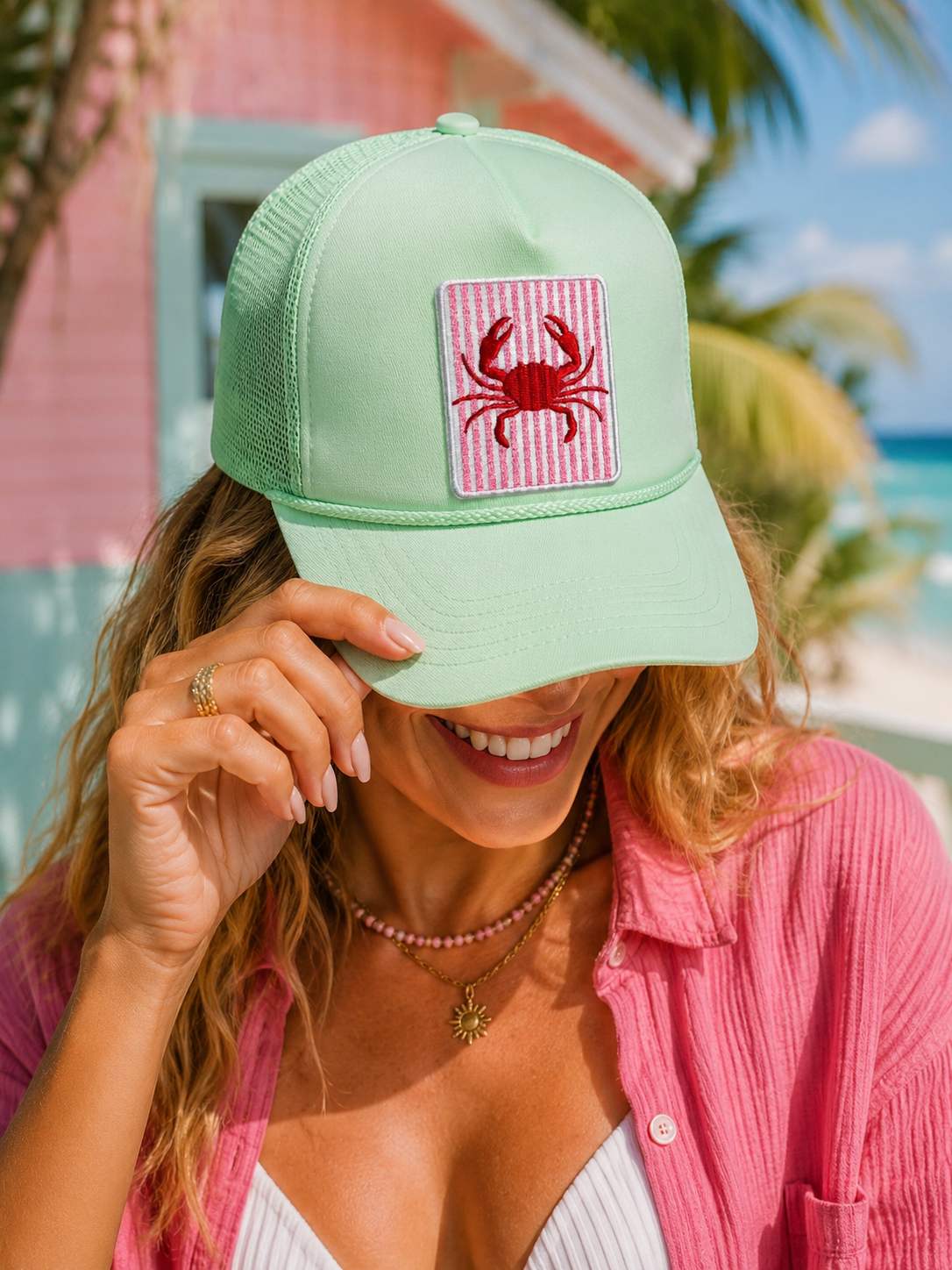 Pink Striped Crab Summer Embroidery Patch