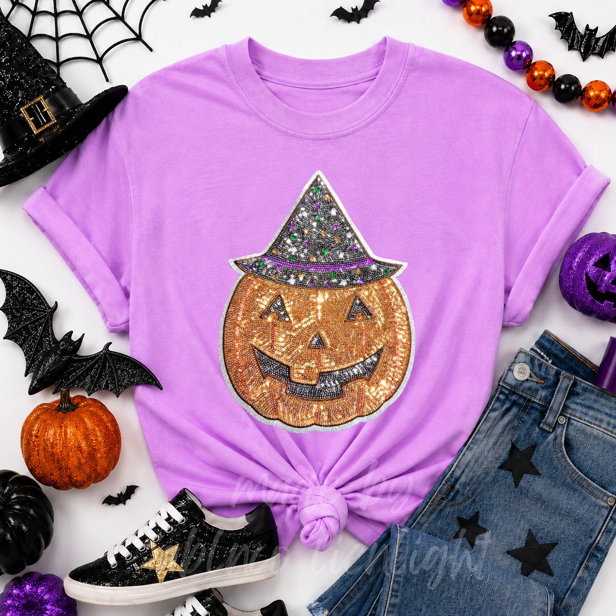 Witchy Pumpkin Halloween Sequin Patch Tshirt