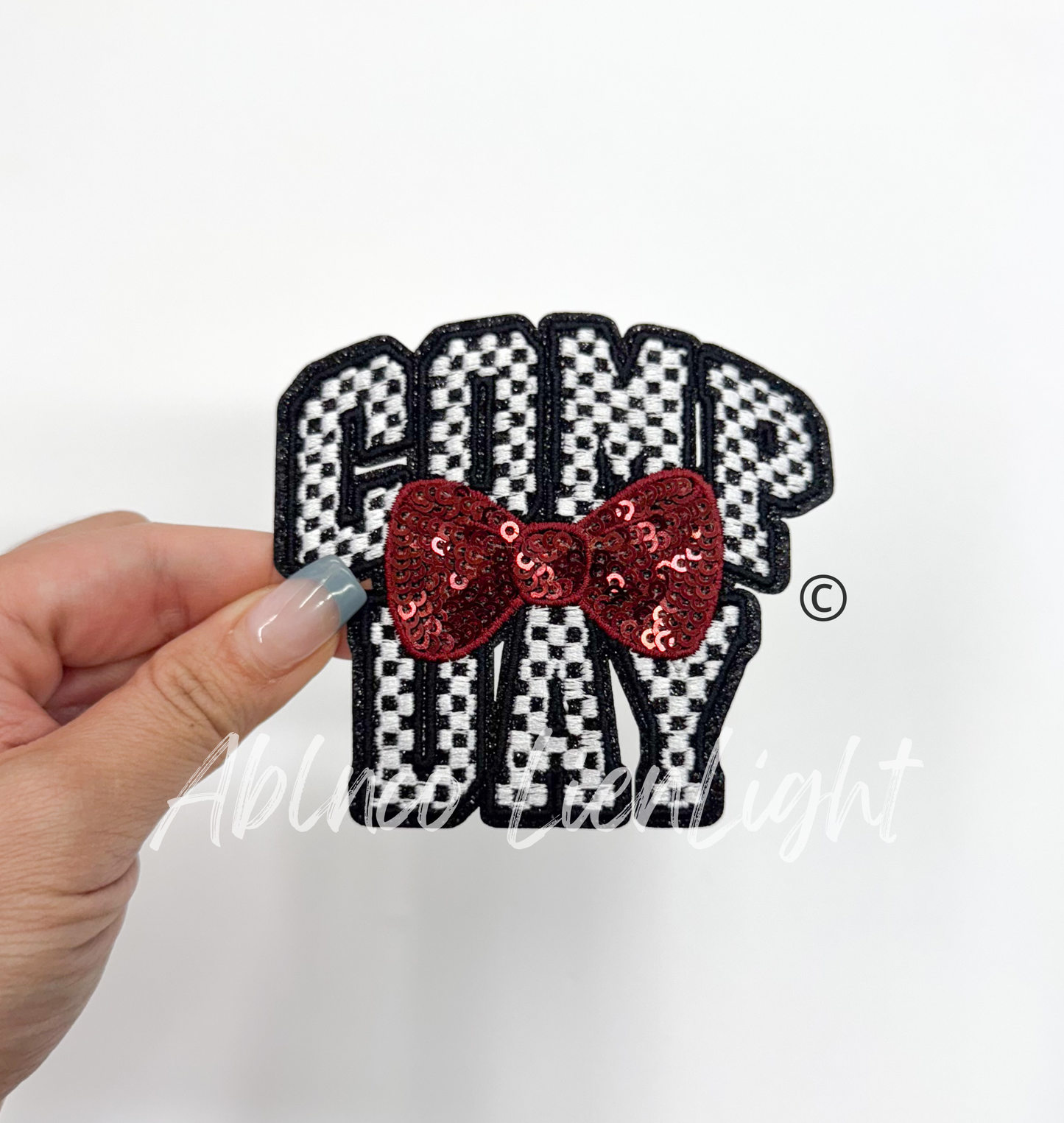 Checkered Comp Day Sequins Maroon Bow Embroidery Patch ©️